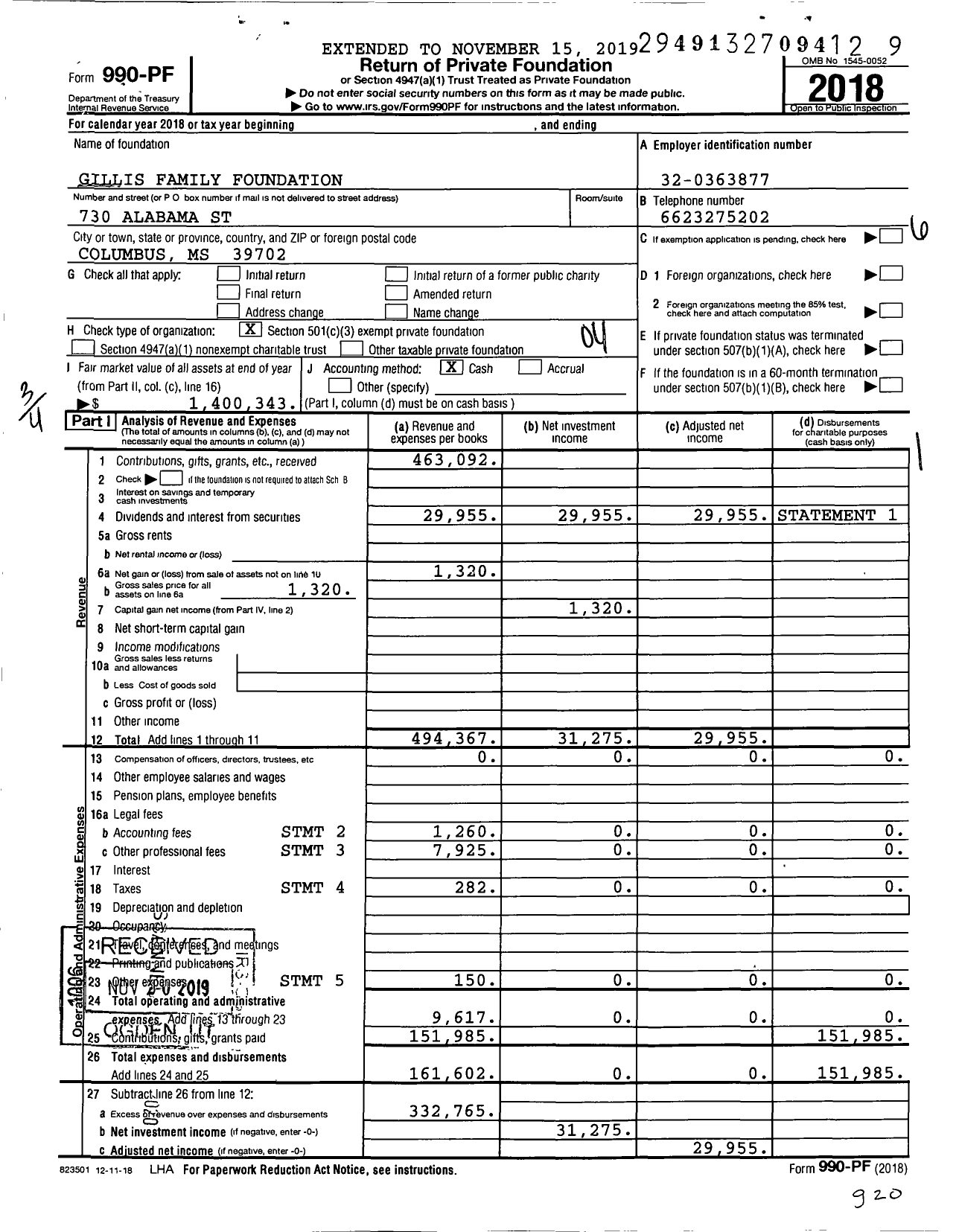 Image of first page of 2018 Form 990PF for Gillis Family Foundation