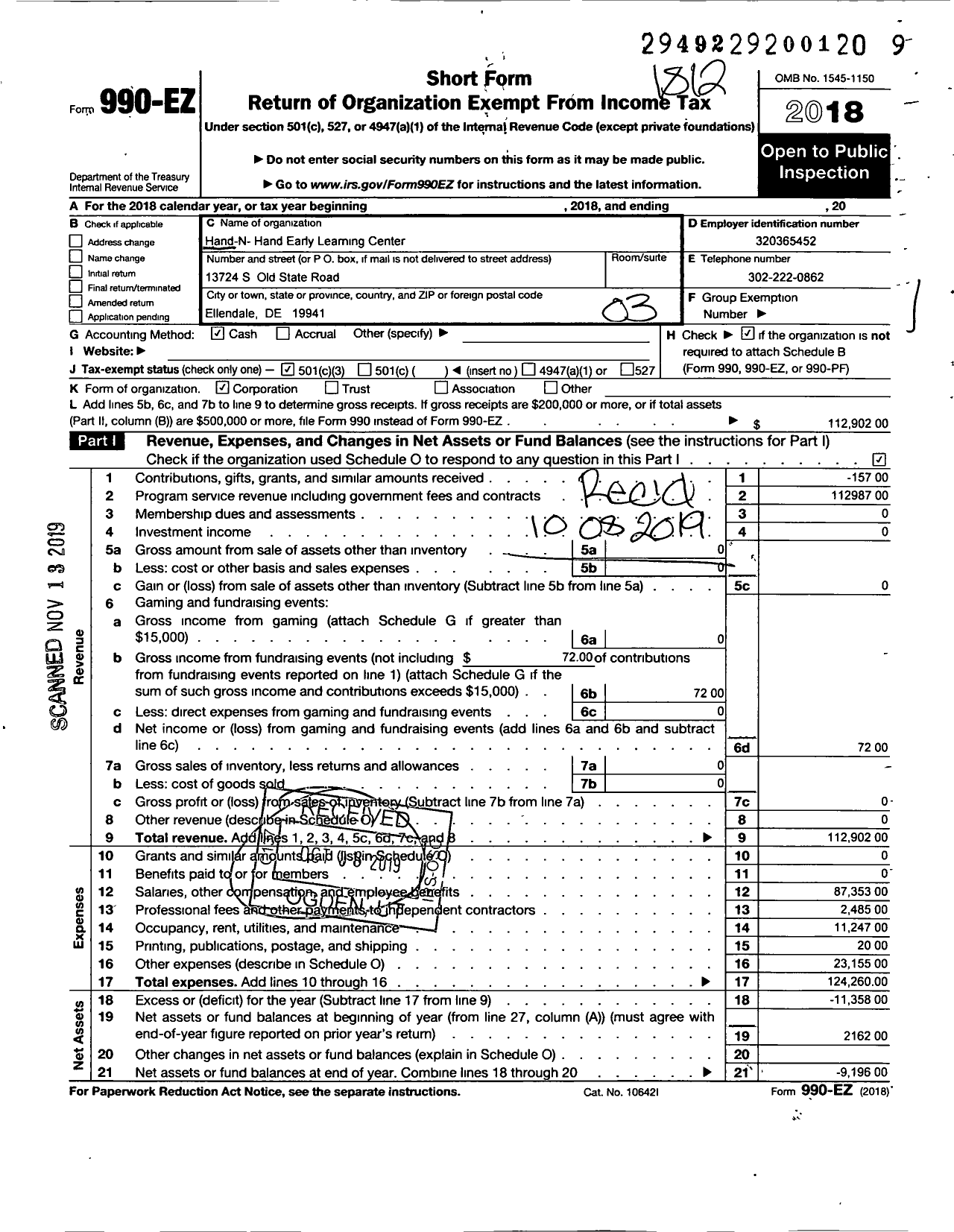 Image of first page of 2018 Form 990EZ for Hand N Hand Early Learning Center