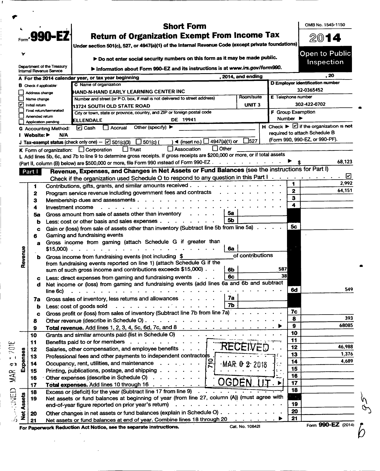 Image of first page of 2014 Form 990EZ for Hand N Hand Early Learning Center