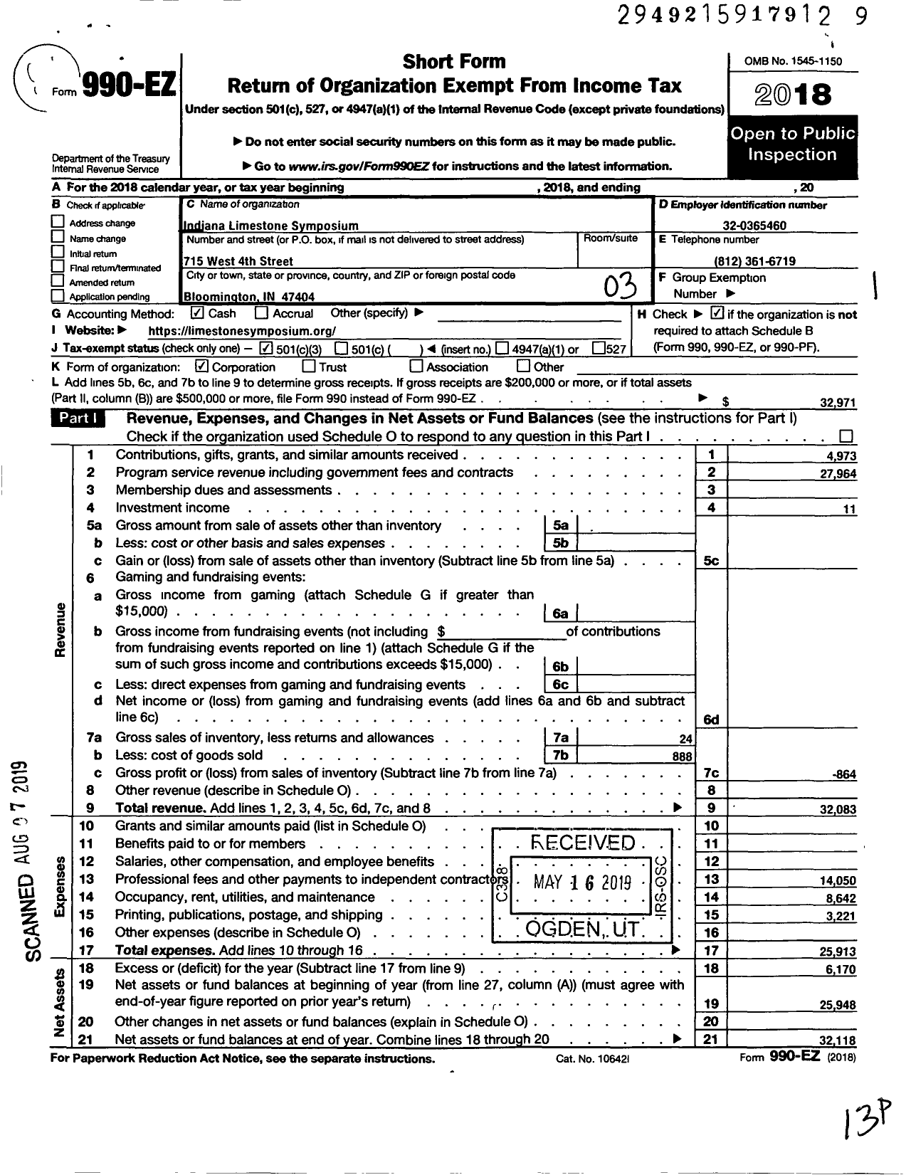 Image of first page of 2018 Form 990EZ for Indiana Limestone Symposium