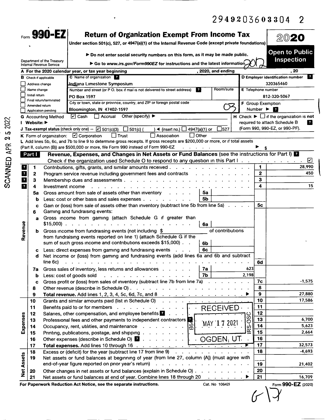 Image of first page of 2020 Form 990EZ for Indiana Limestone Symposium