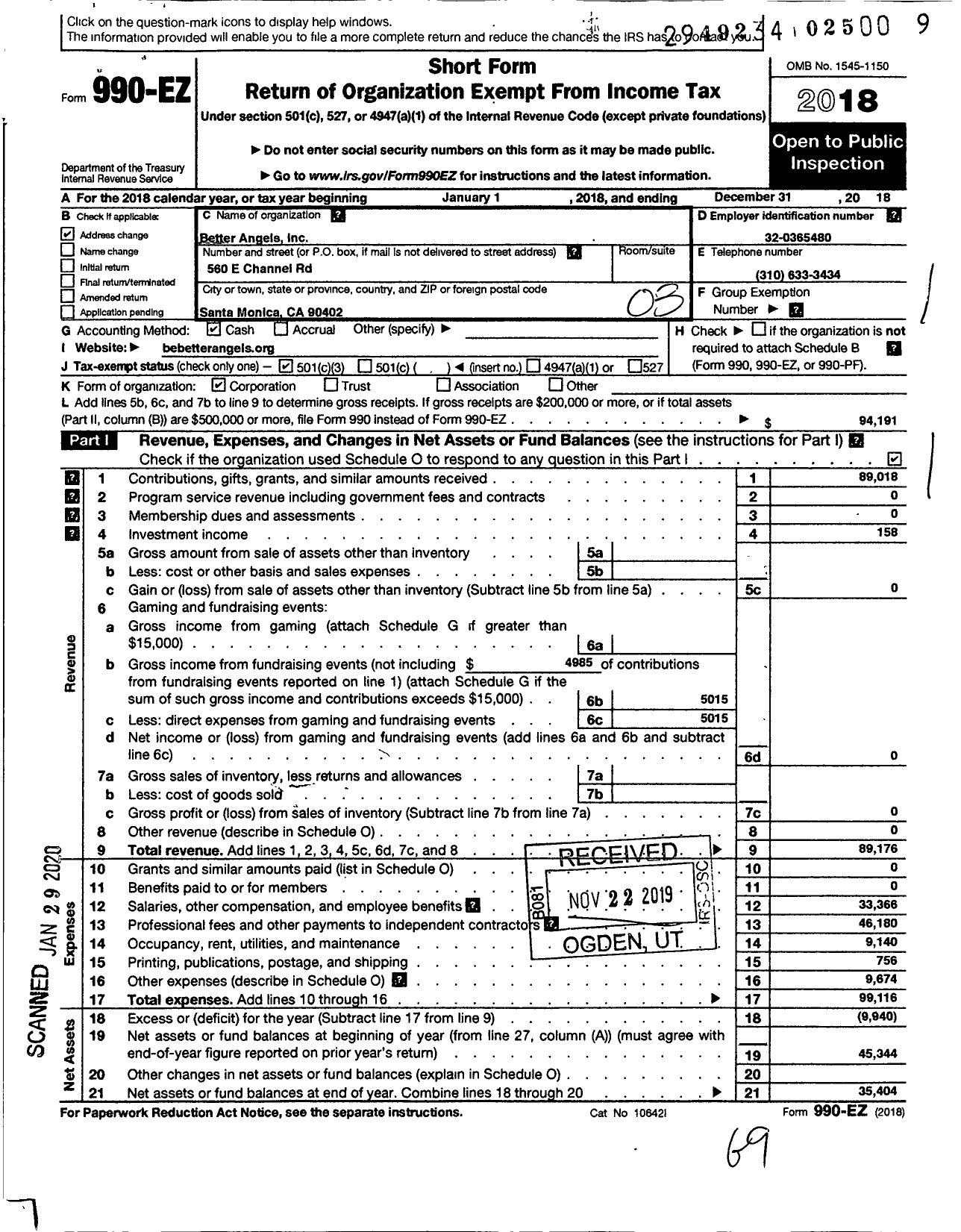 Image of first page of 2018 Form 990EZ for Better Angels