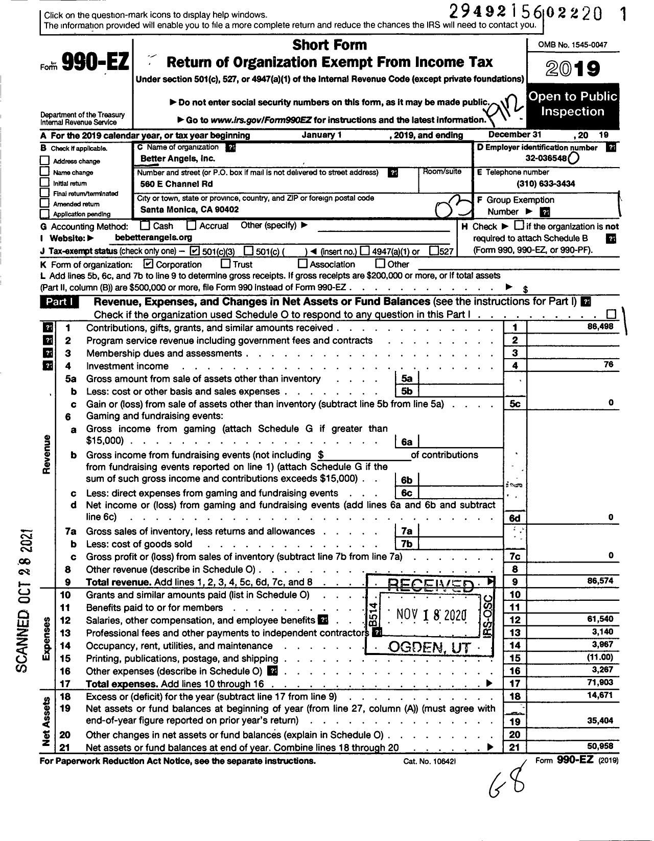 Image of first page of 2019 Form 990EZ for Better Angels