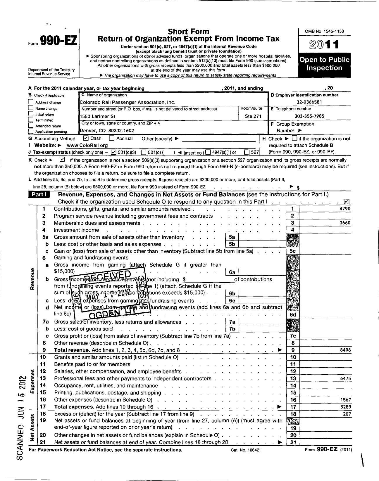 Image of first page of 2011 Form 990EZ for Colorado Rail Passenger Association