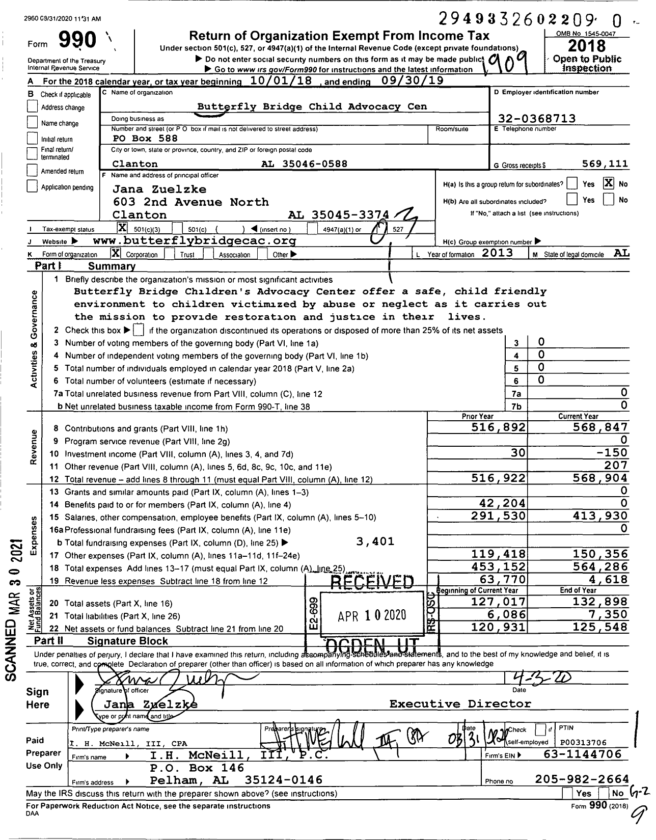 Image of first page of 2018 Form 990 for Butterfly Bridge Child Advocacy Cen