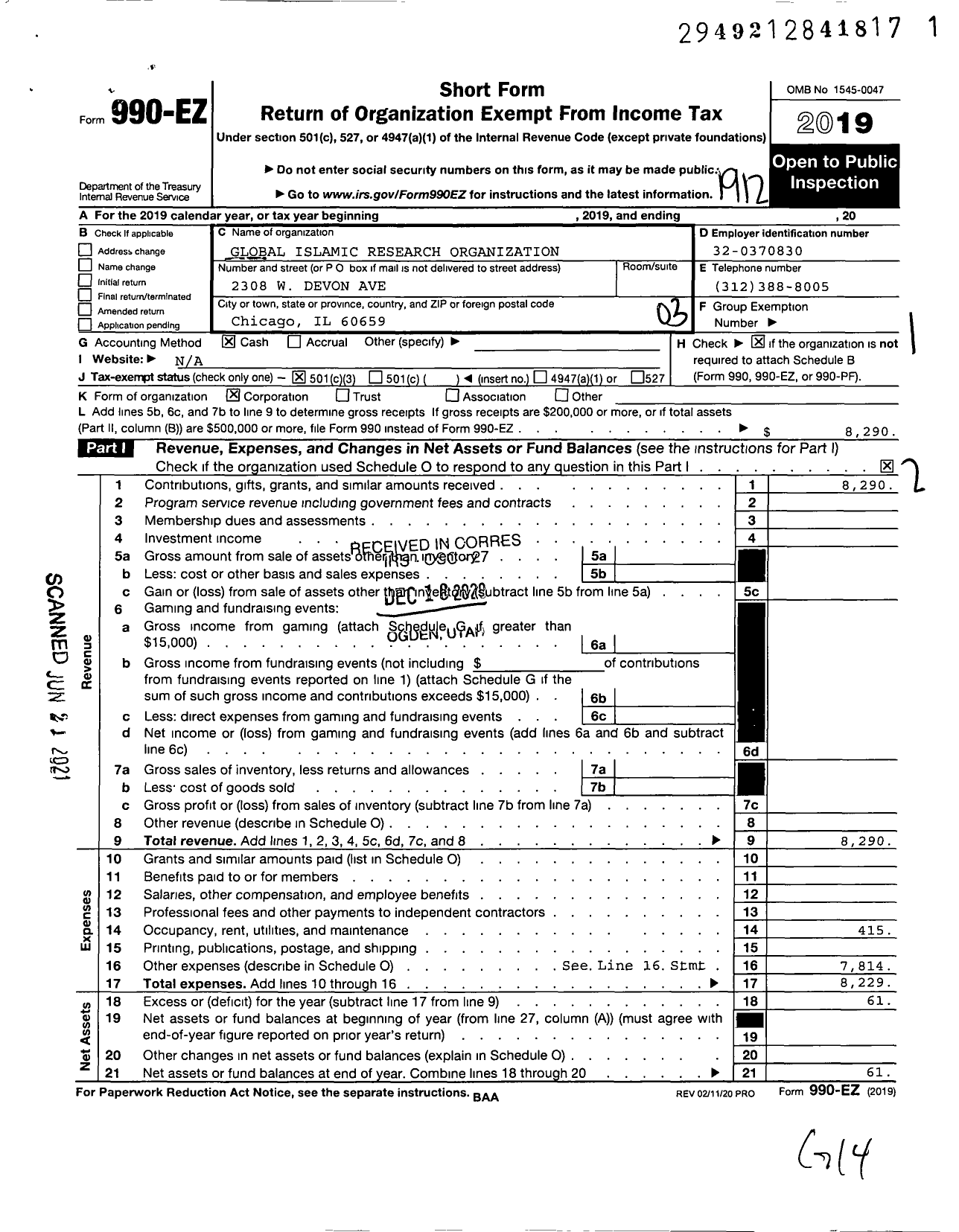 Image of first page of 2019 Form 990EZ for Global Islamic Research Organisation