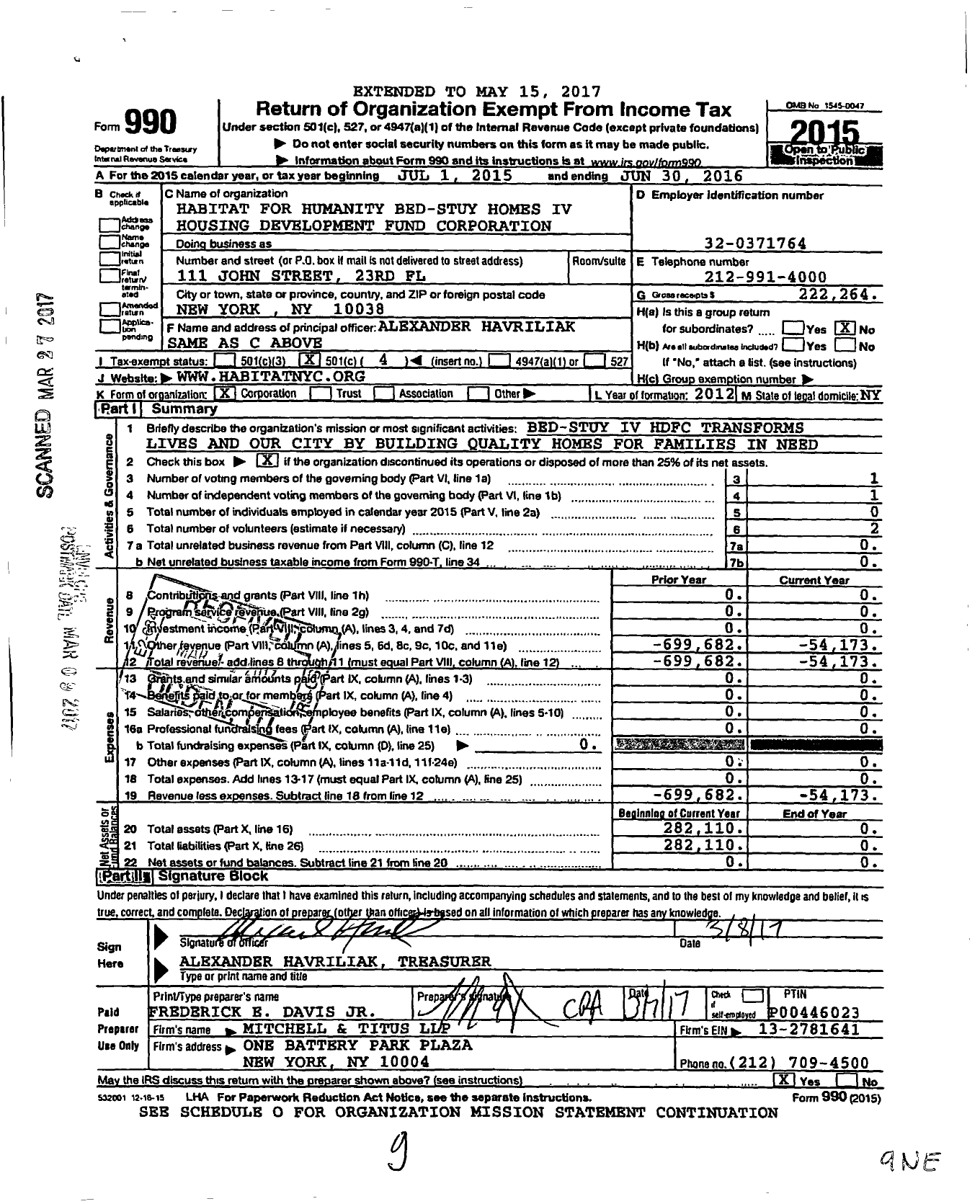 Image of first page of 2015 Form 990O for Habitat For Humanity Bed-Stuy Homes IV Housing Development Fund Corporation