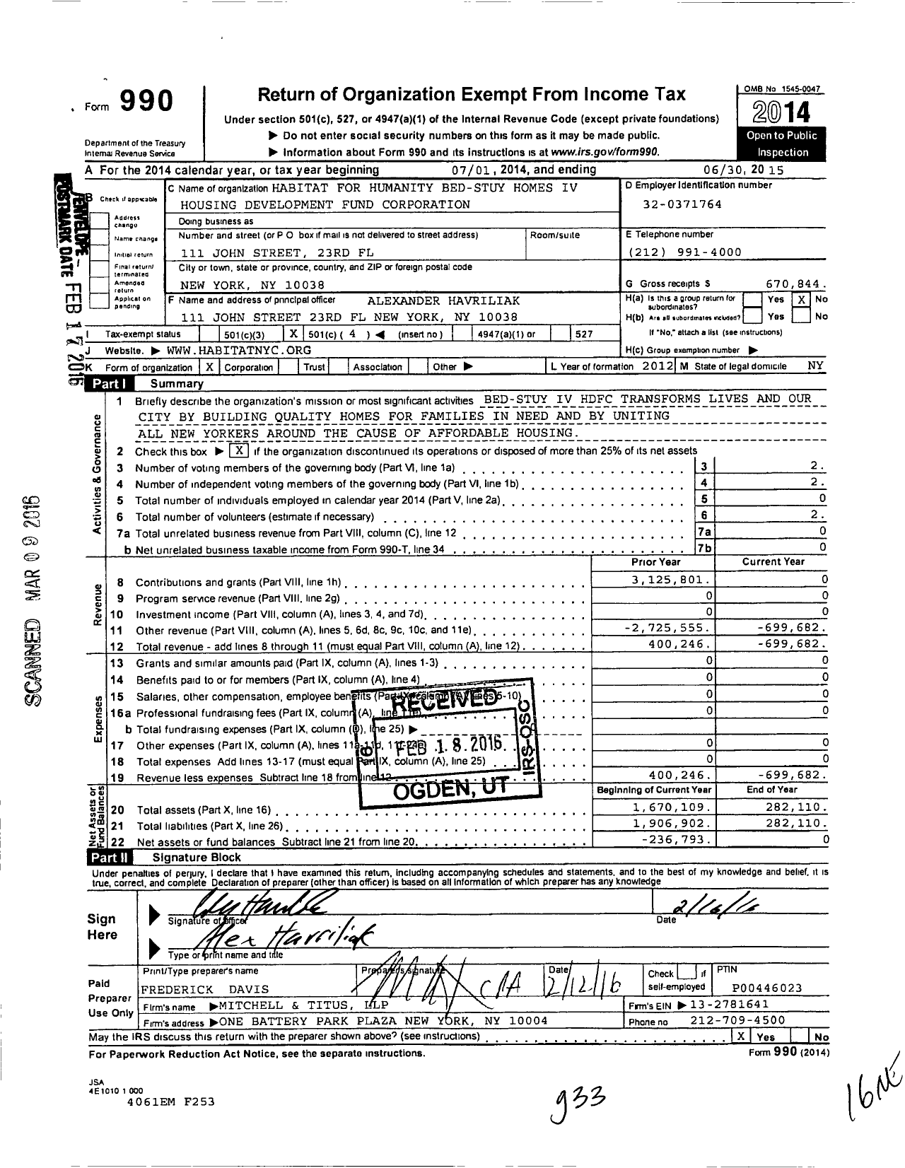 Image of first page of 2014 Form 990O for Habitat For Humanity Bed-Stuy Homes IV Housing Development Fund Corporation