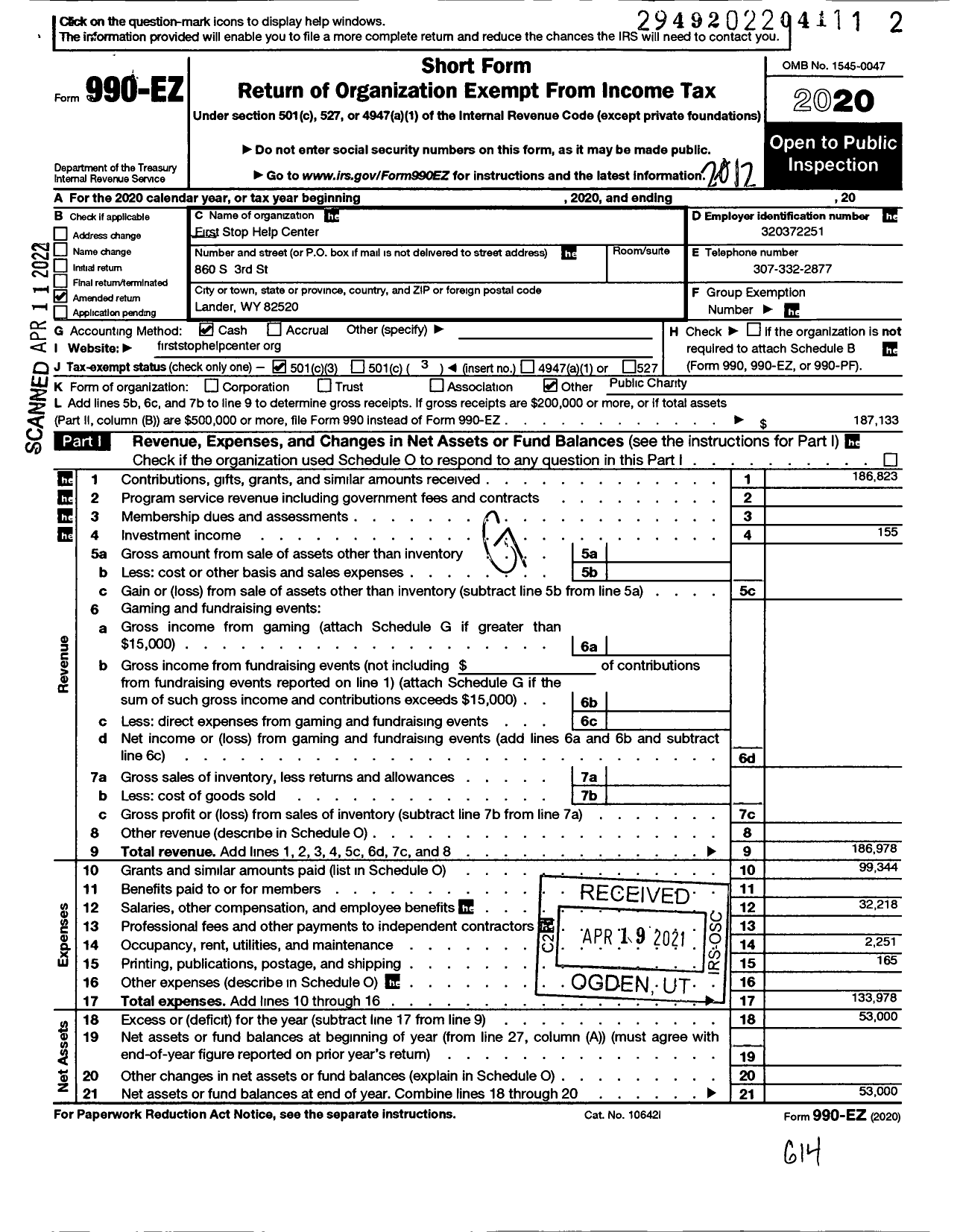 Image of first page of 2020 Form 990EZ for First Stop Help Center