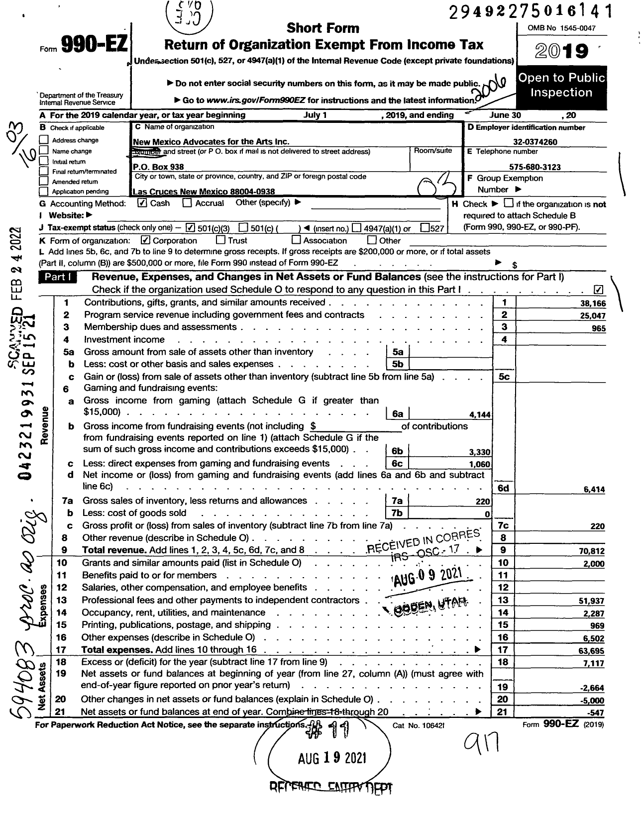 Image of first page of 2019 Form 990EZ for New Mexico Advocates for the Arts