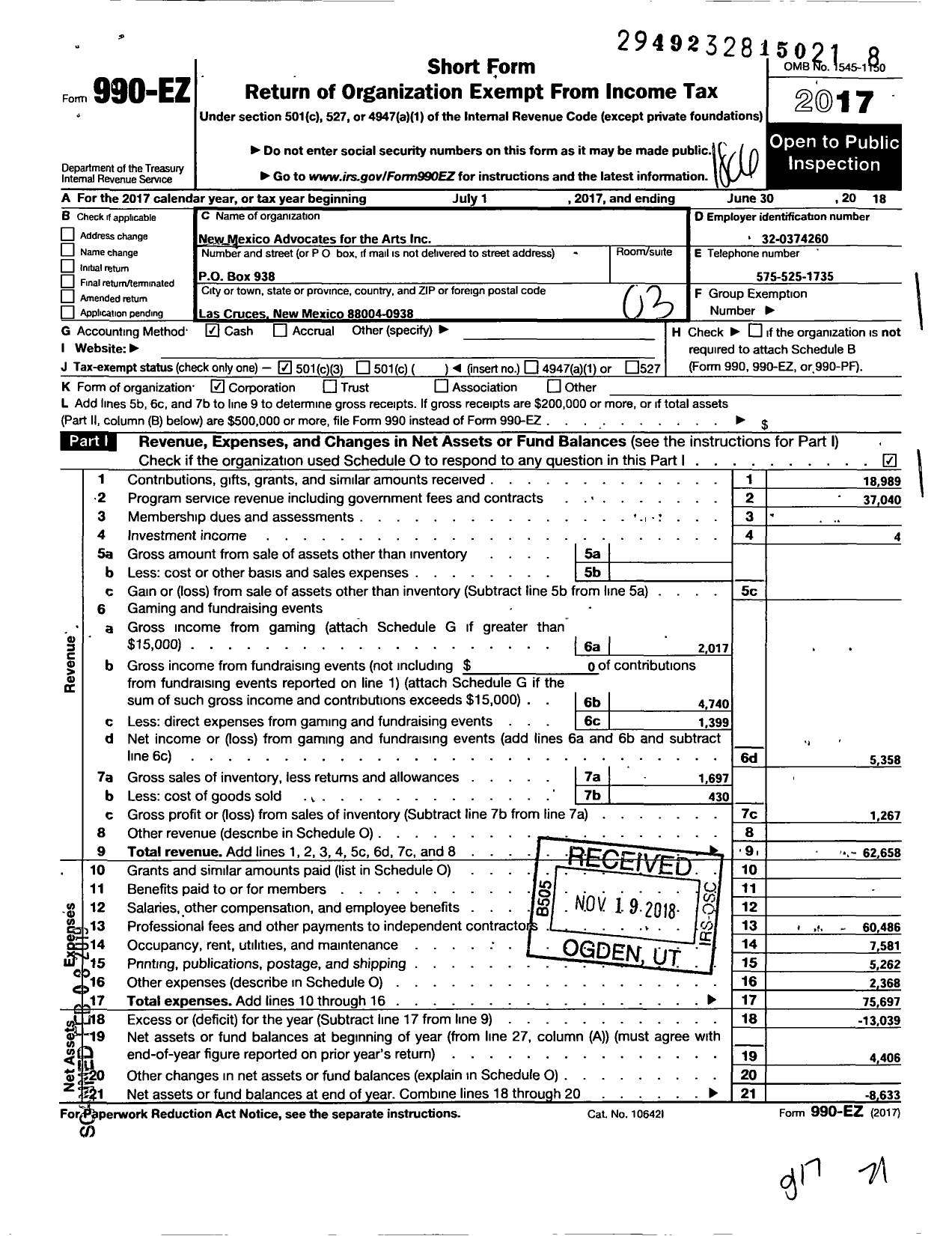 Image of first page of 2017 Form 990EZ for New Mexico Advocates for the Arts