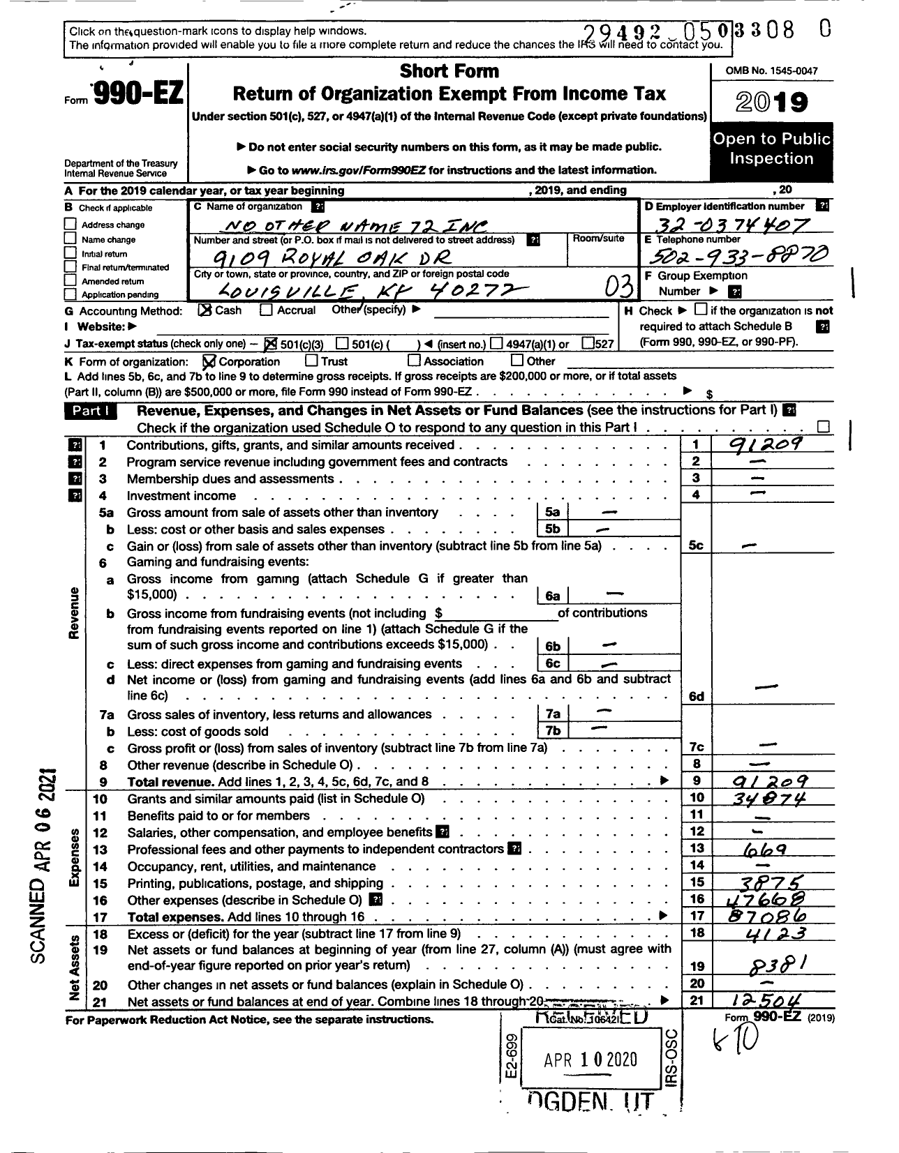 Image of first page of 2019 Form 990EZ for No Other Name 72