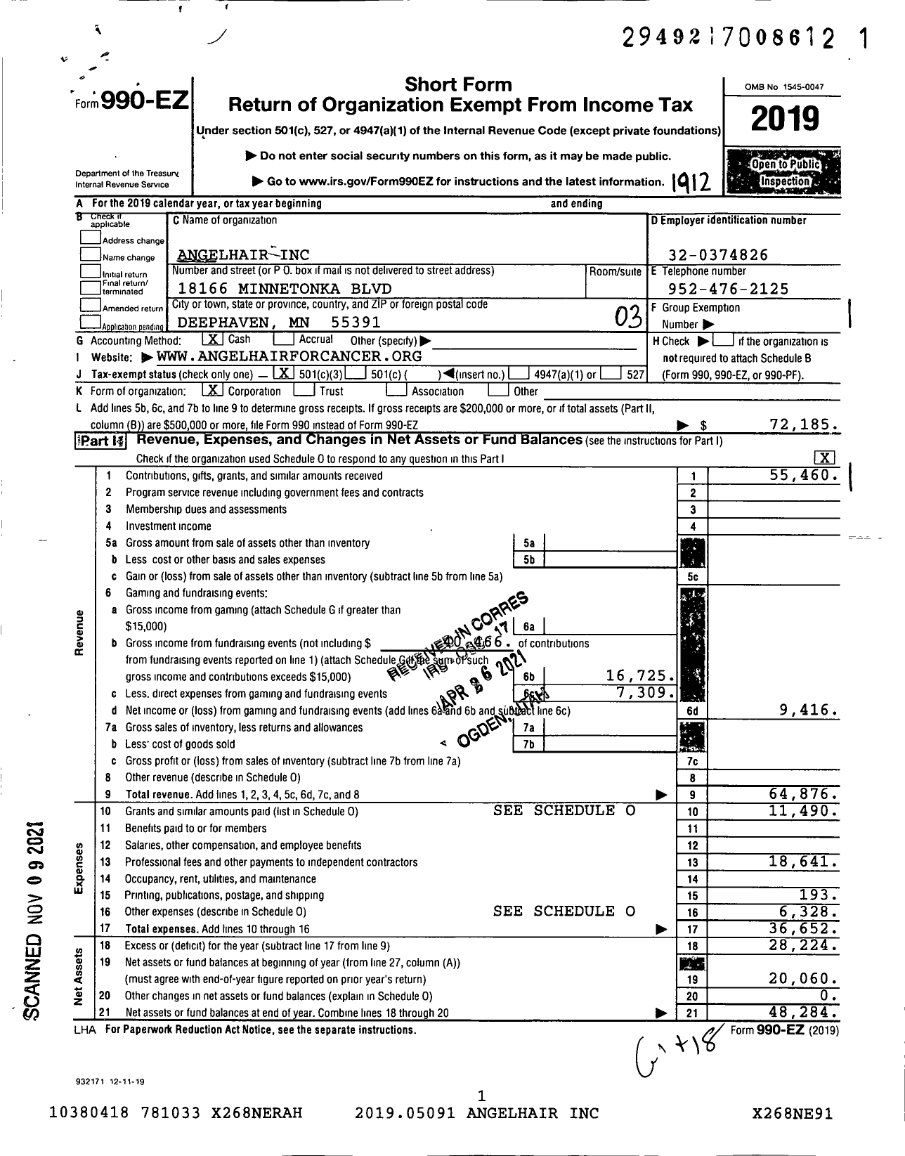 Image of first page of 2019 Form 990EZ for AngelHair