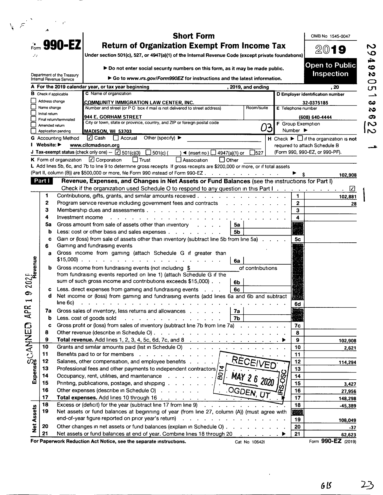 Image of first page of 2019 Form 990EZ for Community Immigration Law Center (CILC)