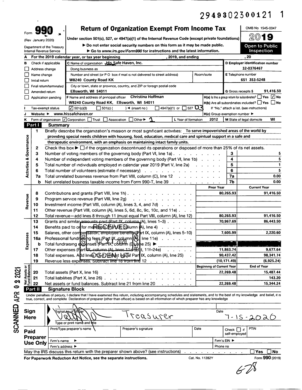 Image of first page of 2019 Form 990 for His Safe Haven