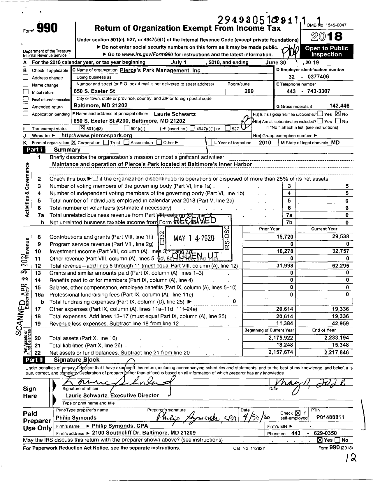 Image of first page of 2018 Form 990 for Pierces Park Management