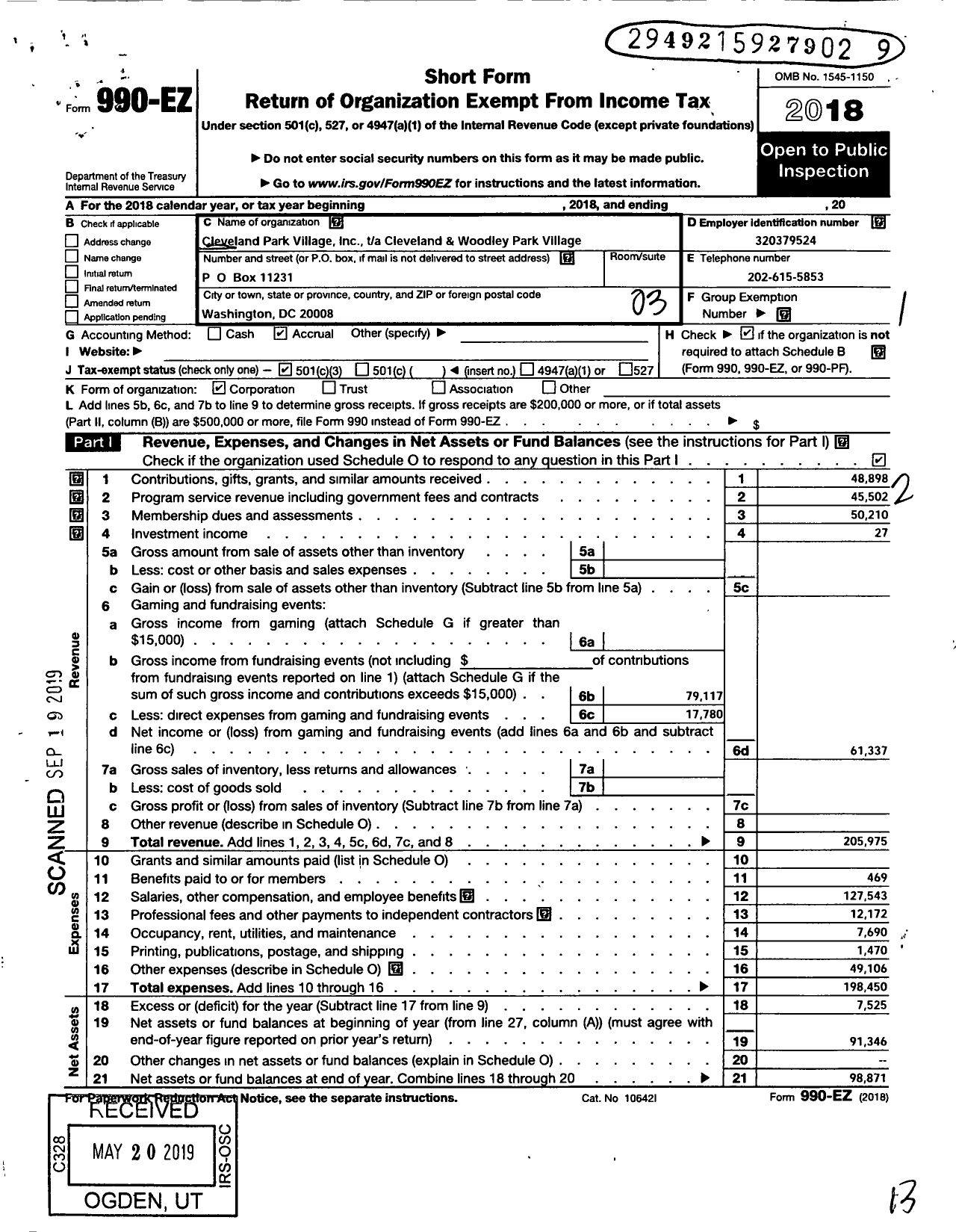 Image of first page of 2018 Form 990EZ for Cleveland & Woodley Park Village