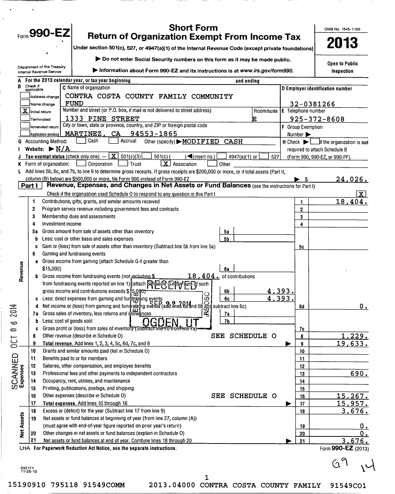 Image of first page of 2013 Form 990EZ for Contra Costa County Family Community Fund