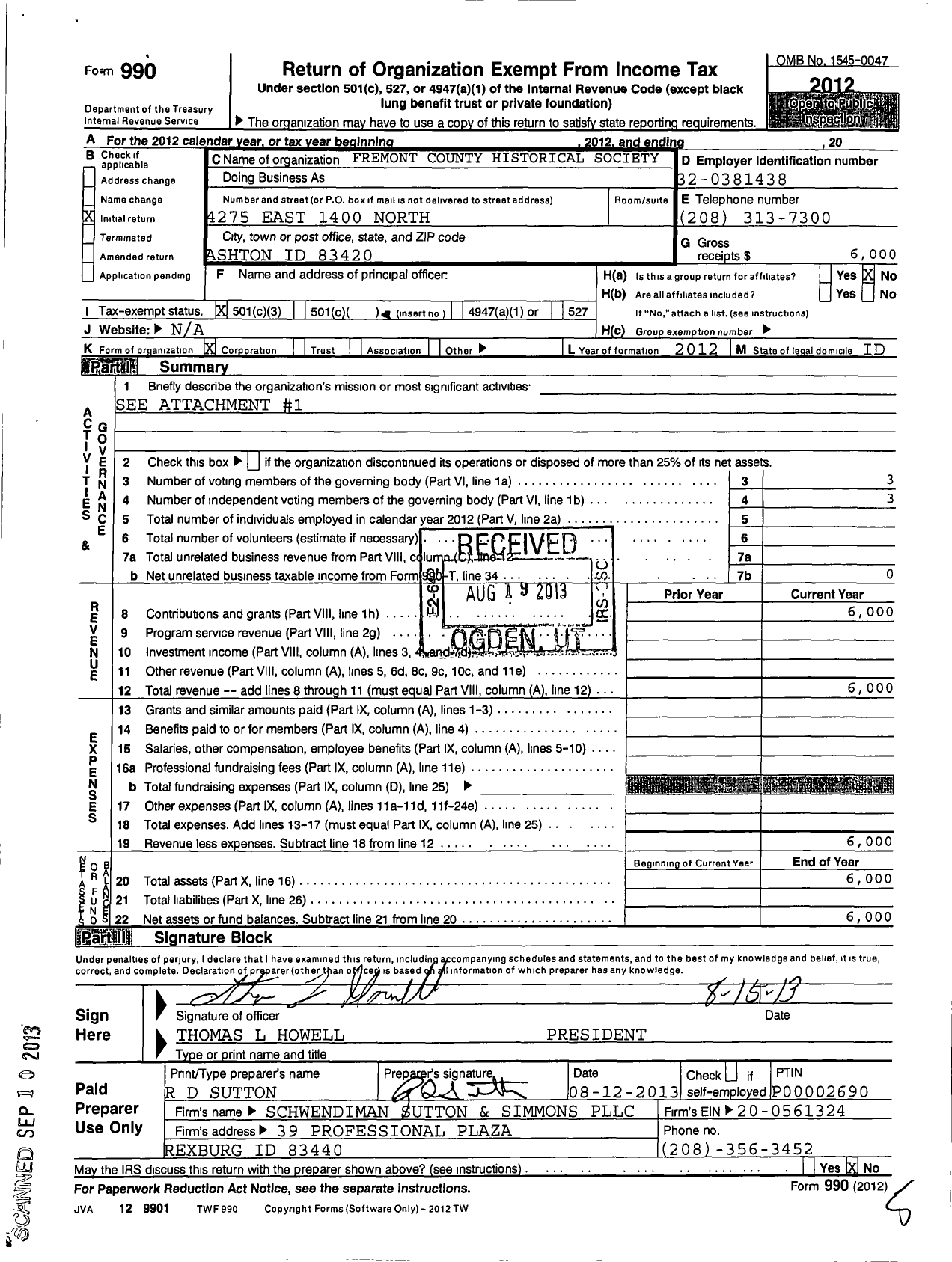 Image of first page of 2012 Form 990 for Fremont County Historical Society