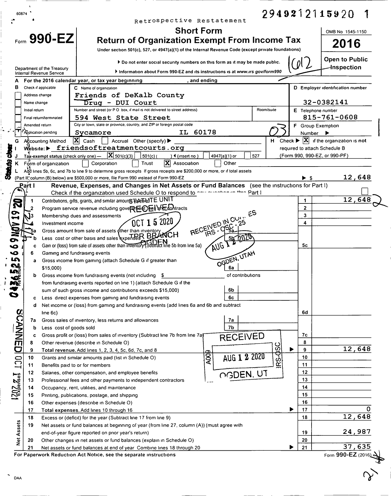 Image of first page of 2016 Form 990EZ for Friends of Dekalb County Drug - Dui Court