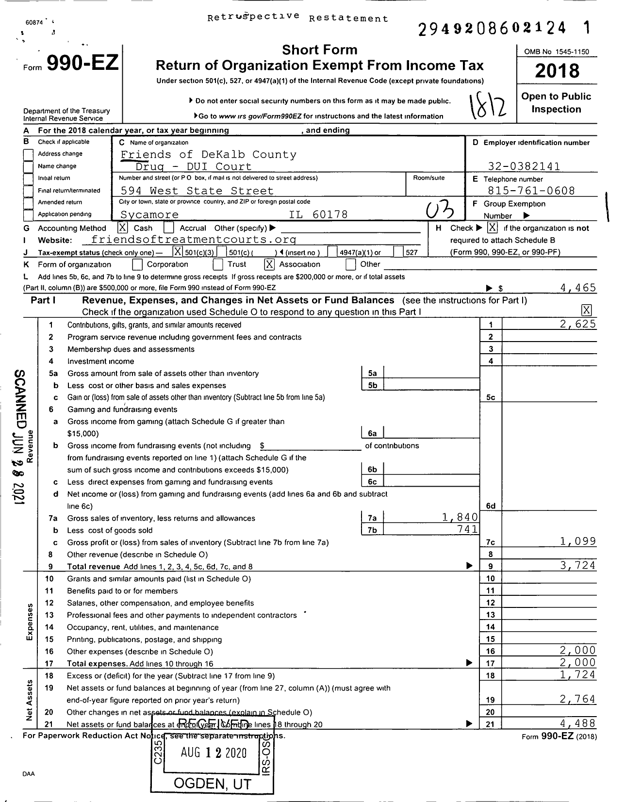 Image of first page of 2018 Form 990EZ for Friends of Dekalb County Drug - Dui Court