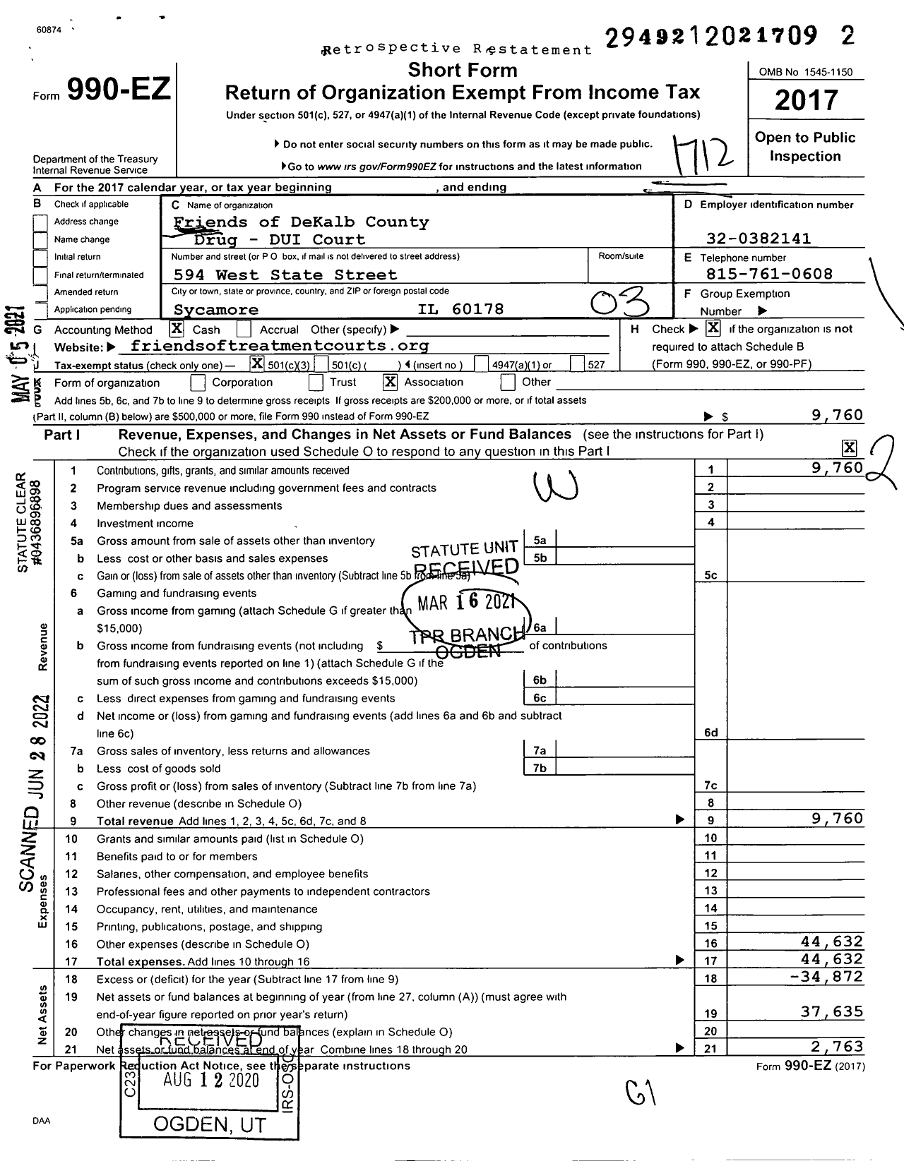 Image of first page of 2017 Form 990EZ for Friends of Dekalb County Drug - Dui Court