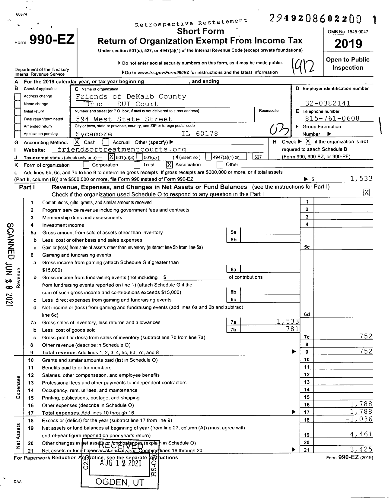 Image of first page of 2019 Form 990EZ for Friends of Dekalb County Drug - Dui Court