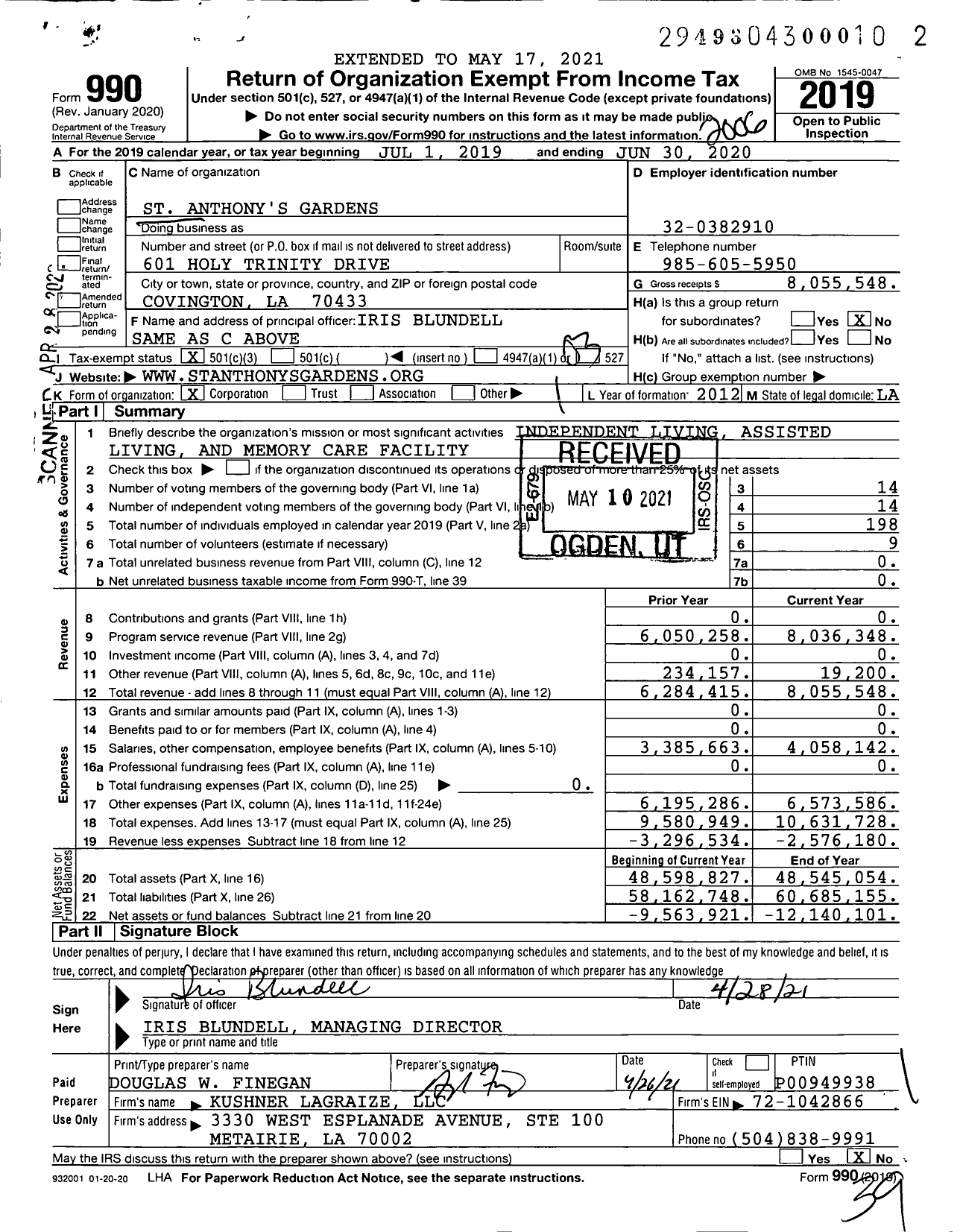 Image of first page of 2019 Form 990 for St Anthony's Gardens