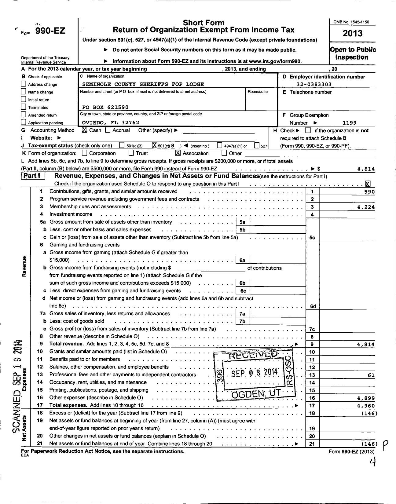 Image of first page of 2013 Form 990EO for Fraternal Order of Police - 172 Seminole Co Sheriffs