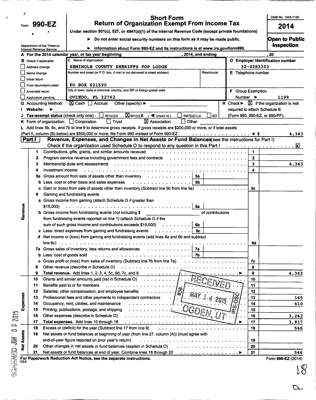 Image of first page of 2014 Form 990EO for Fraternal Order of Police - 172 Seminole Co Sheriffs