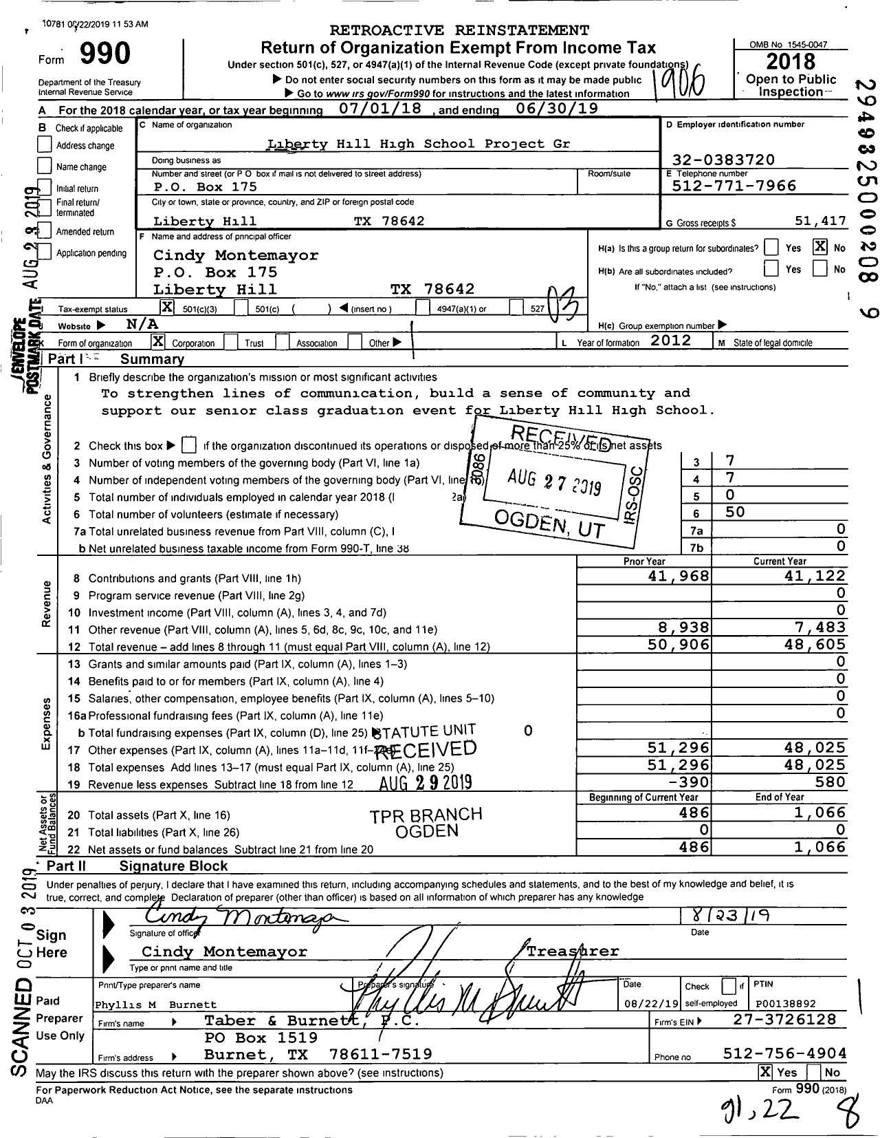 Image of first page of 2018 Form 990 for Liberty Hill High School Project GR