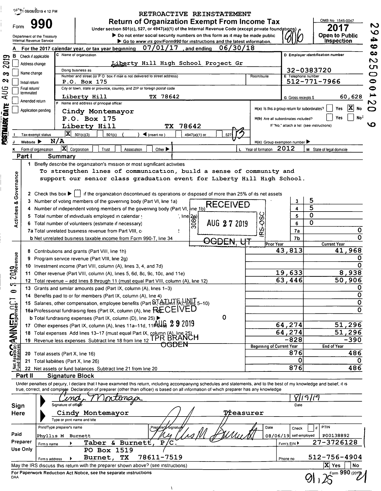 Image of first page of 2017 Form 990 for Liberty Hill High School Project GR