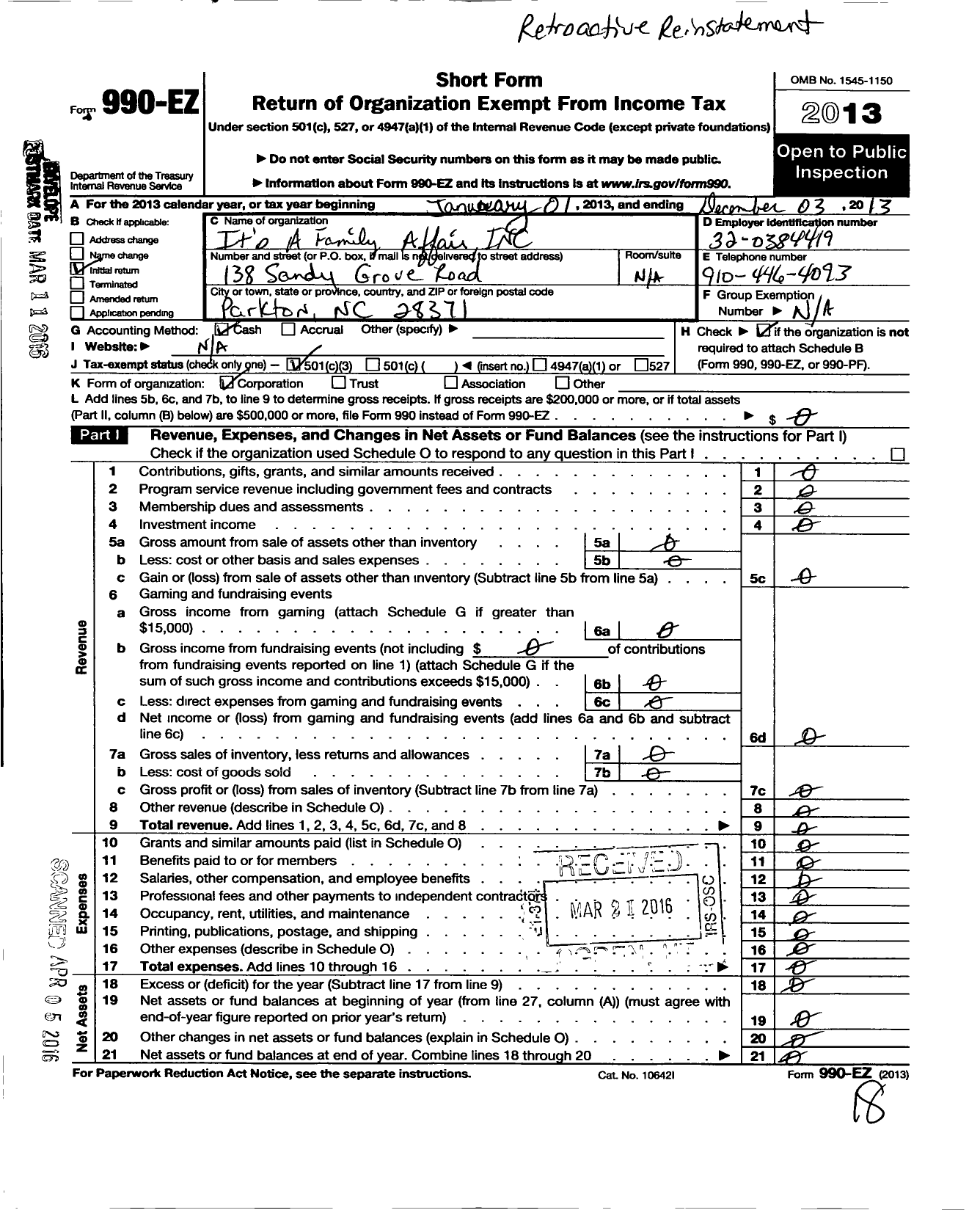 Image of first page of 2013 Form 990EZ for It A Family Affair