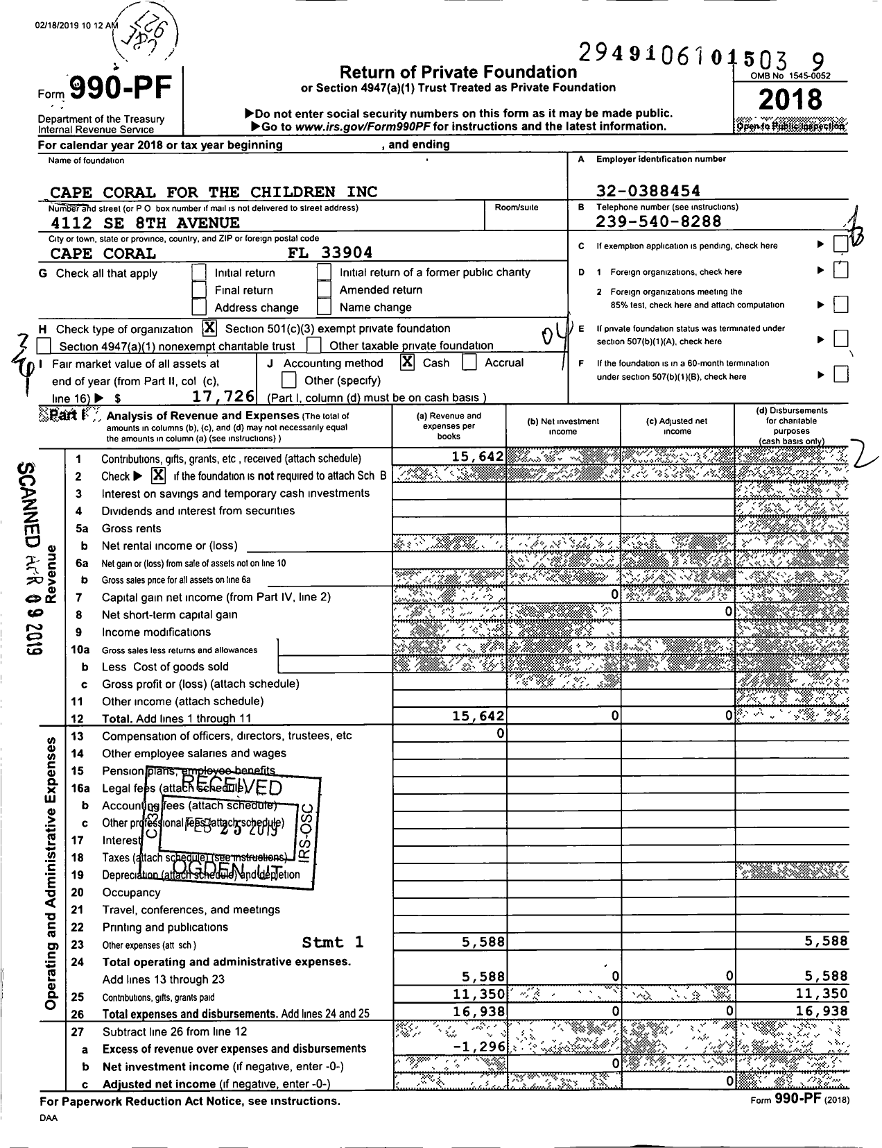 Image of first page of 2018 Form 990PF for Cape Coral for the Children