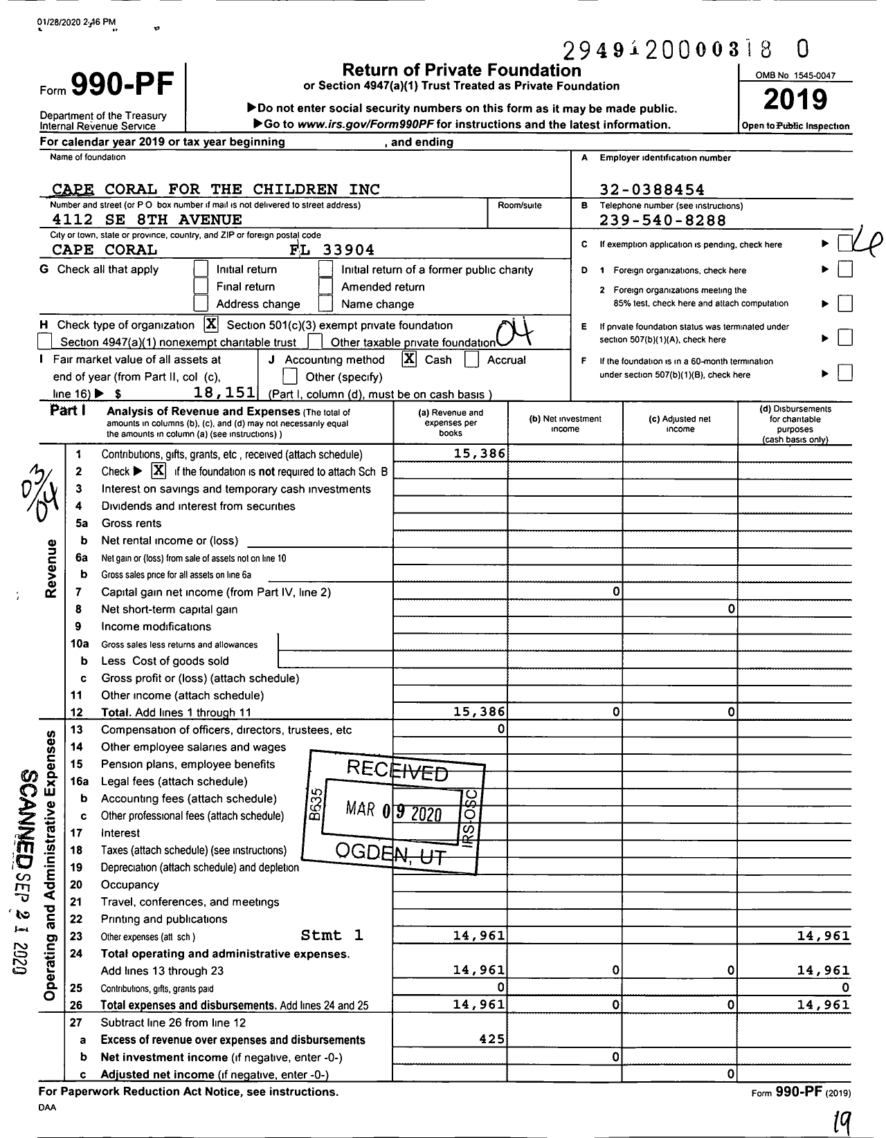 Image of first page of 2019 Form 990PR for Cape Coral for the Children