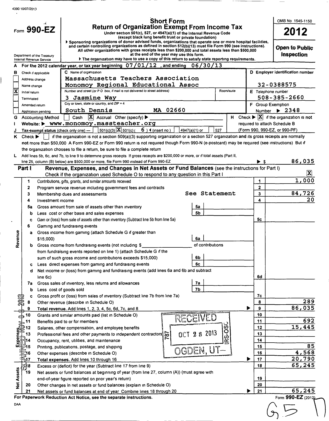 Image of first page of 2012 Form 990EO for Massachusetts Teachers Association - Monomoy Regional Education Associat