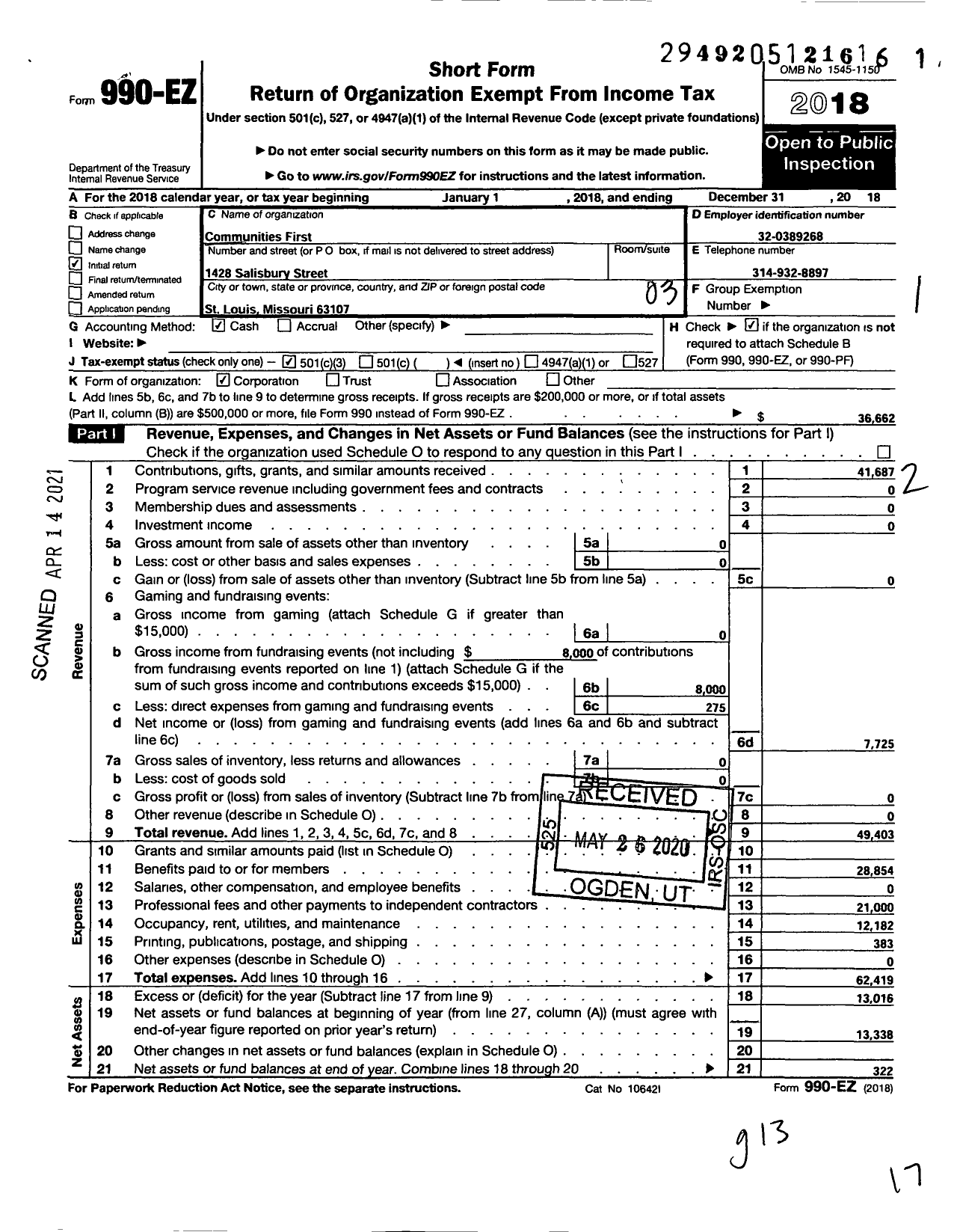 Image of first page of 2018 Form 990EZ for Communities First