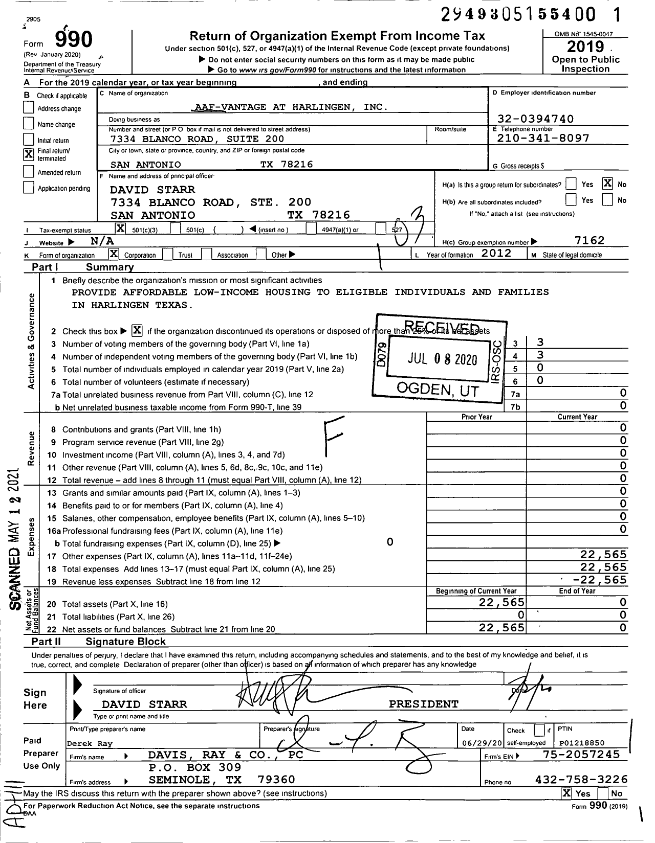 Image of first page of 2019 Form 990 for Aaf-Vantage at Harlingen