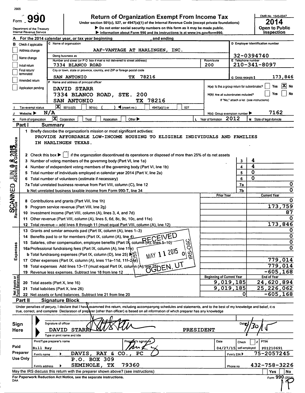 Image of first page of 2014 Form 990 for Aaf-Vantage at Harlingen