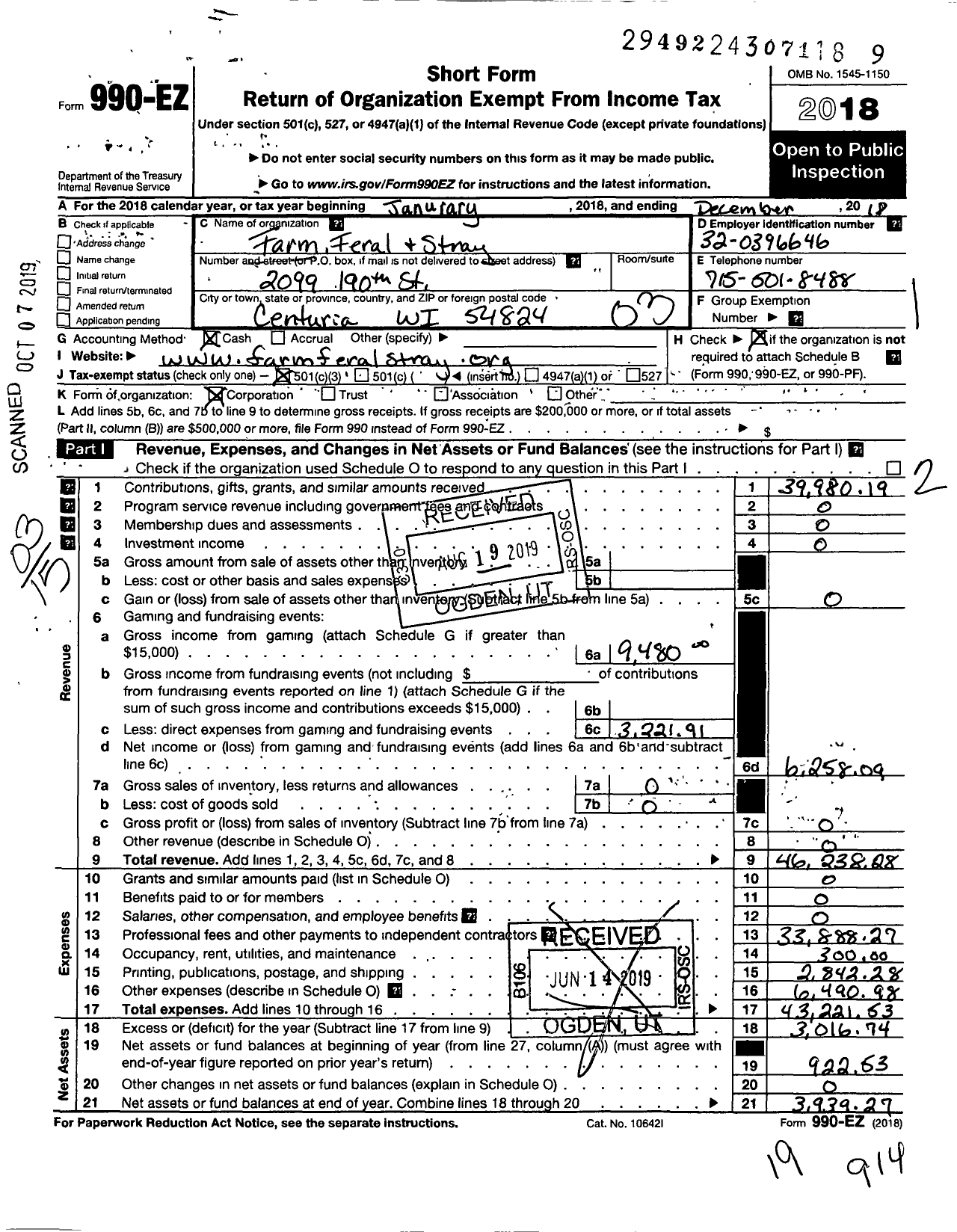 Image of first page of 2018 Form 990EZ for Farm Feral and Stray