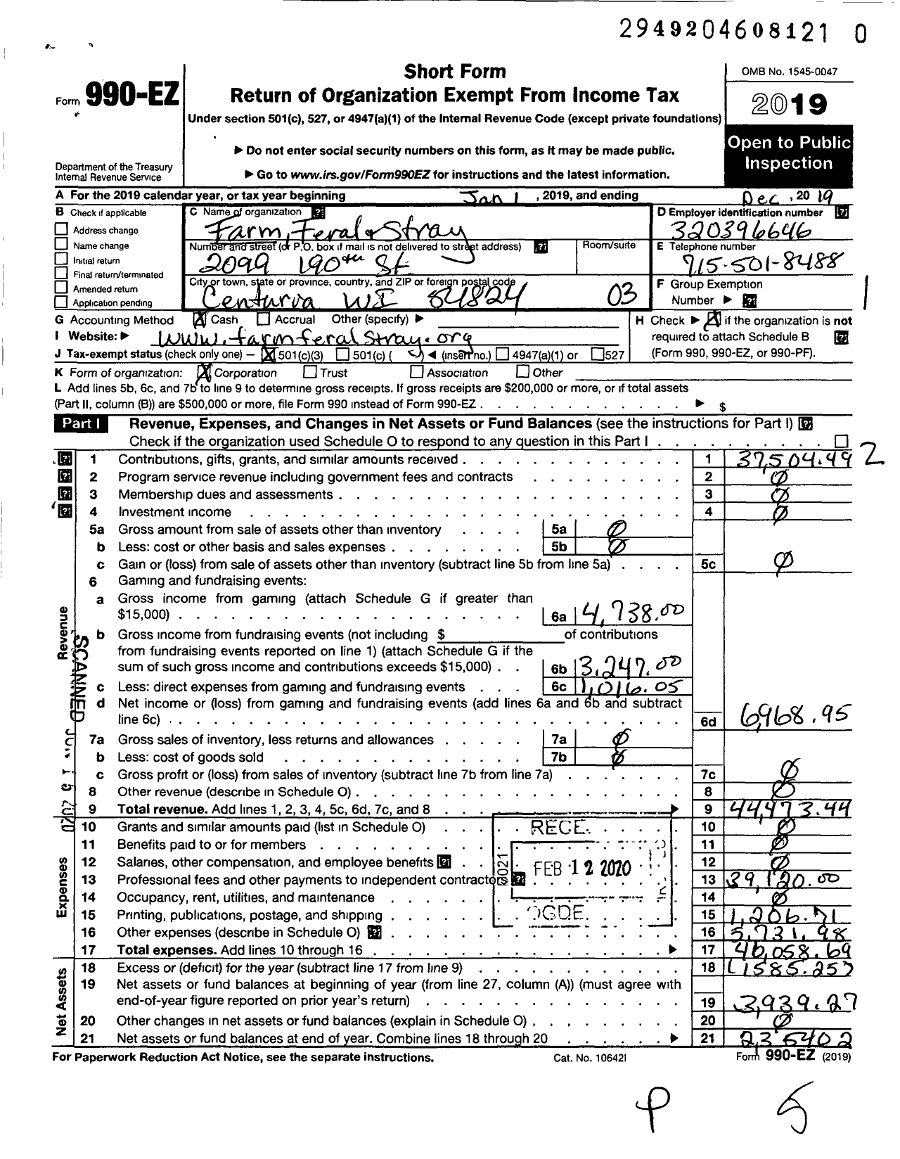 Image of first page of 2019 Form 990EZ for Farm Feral and Stray