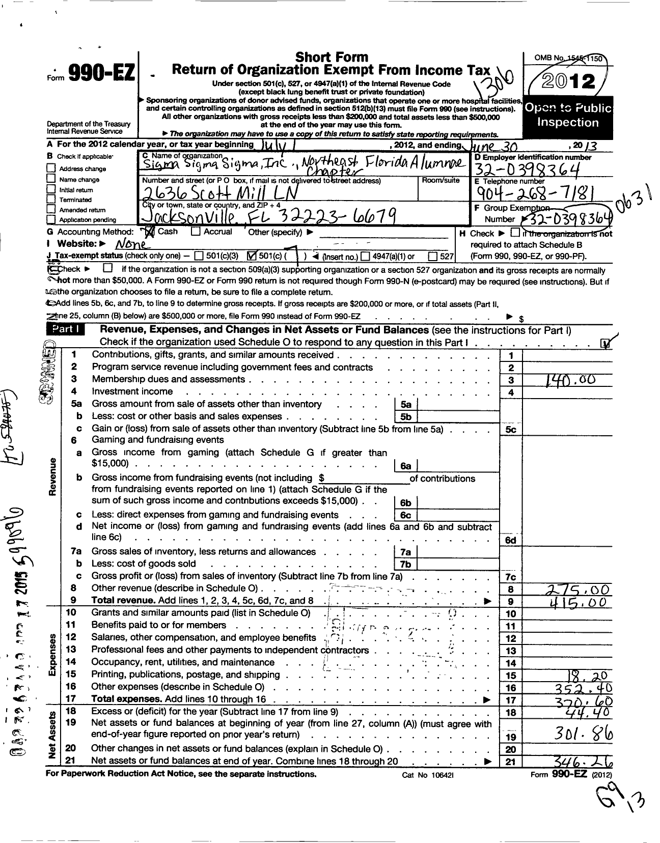 Image of first page of 2012 Form 990EO for Sigma Sigma Sigma / Northeast Florida Alumnae Chapter