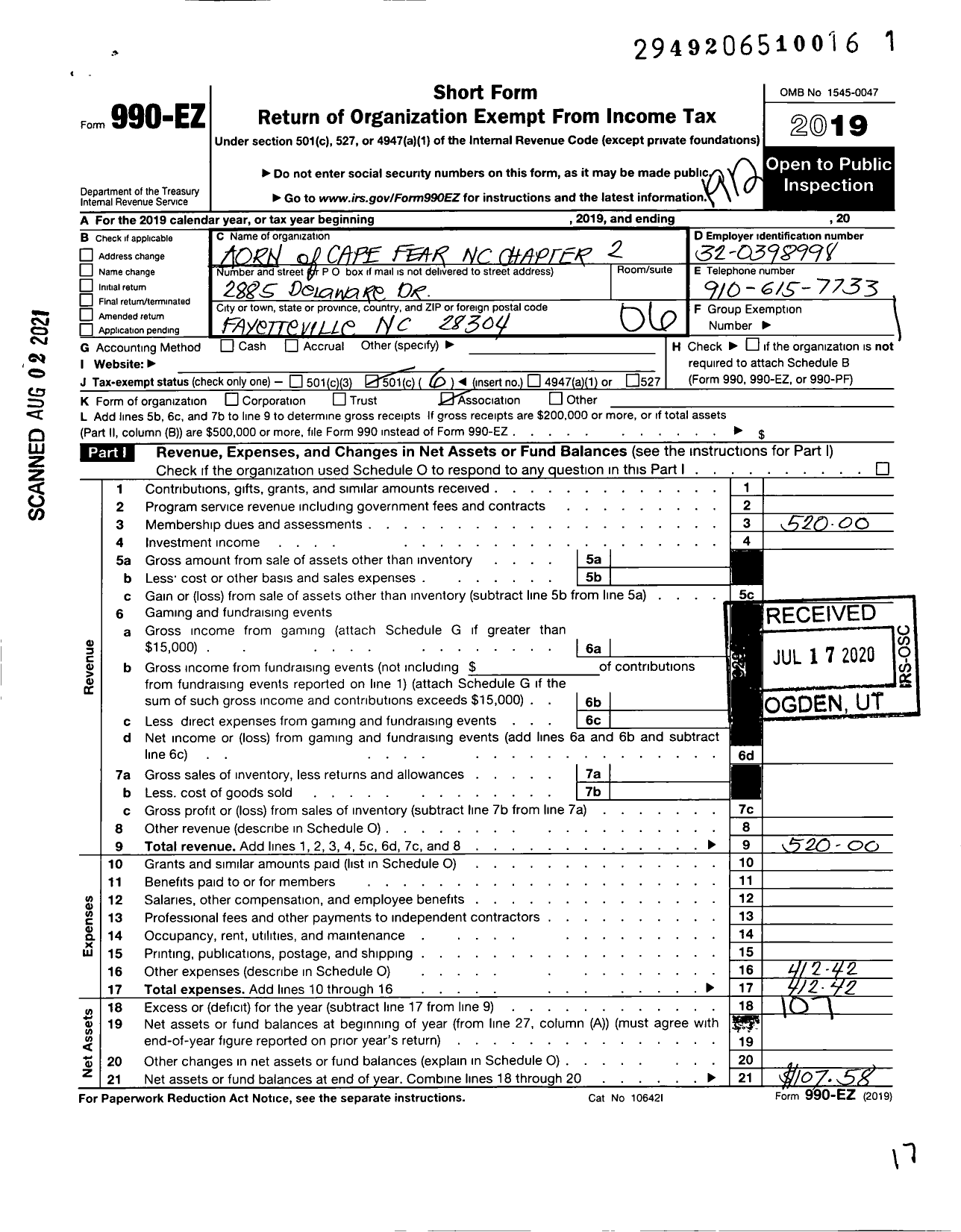 Image of first page of 2019 Form 990EO for Association of Operating Room Nurses - 3402 Cape Fear North Carolina 2