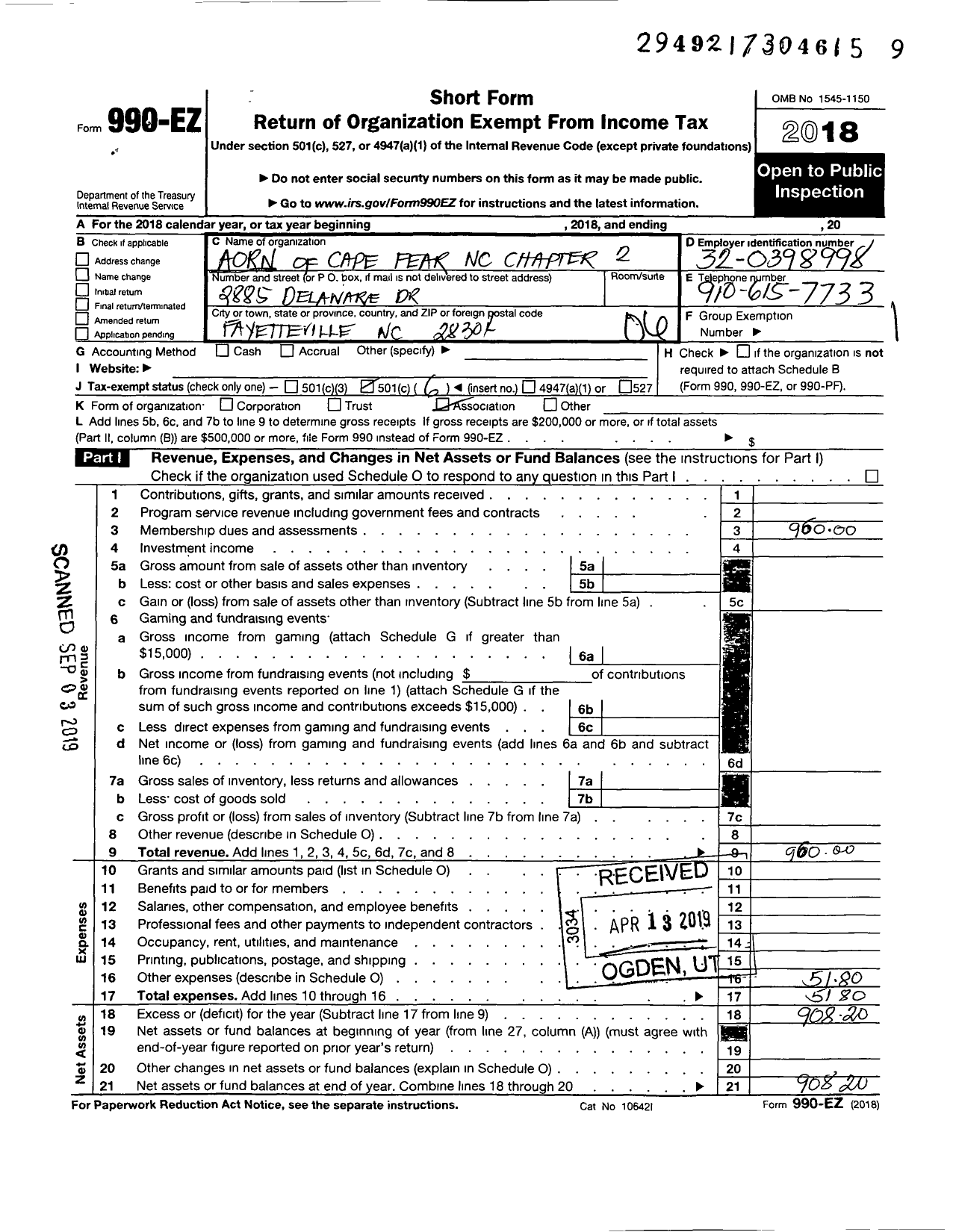 Image of first page of 2018 Form 990EO for Association of Operating Room Nurses - 3402 Cape Fear North Carolina 2