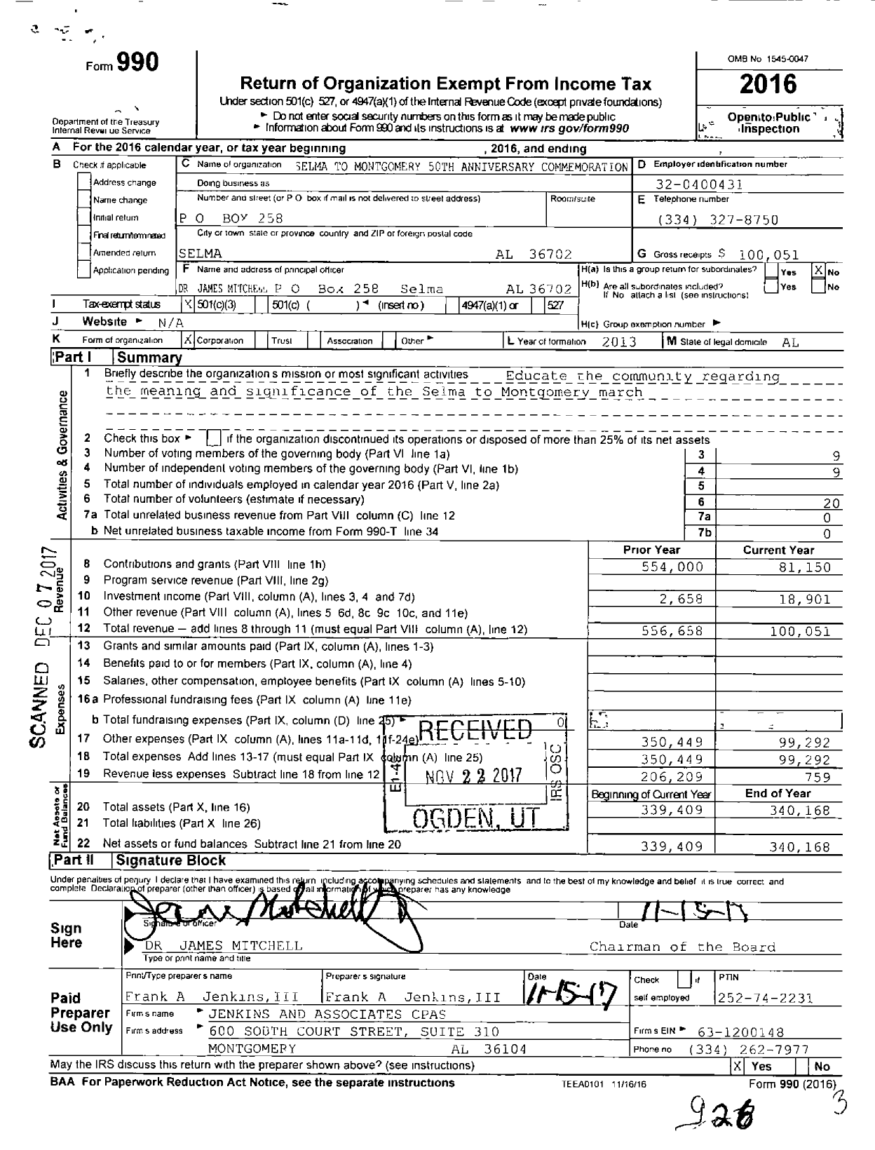 Image of first page of 2016 Form 990 for Selma To Montgomery 50th Anniversary Commemoration