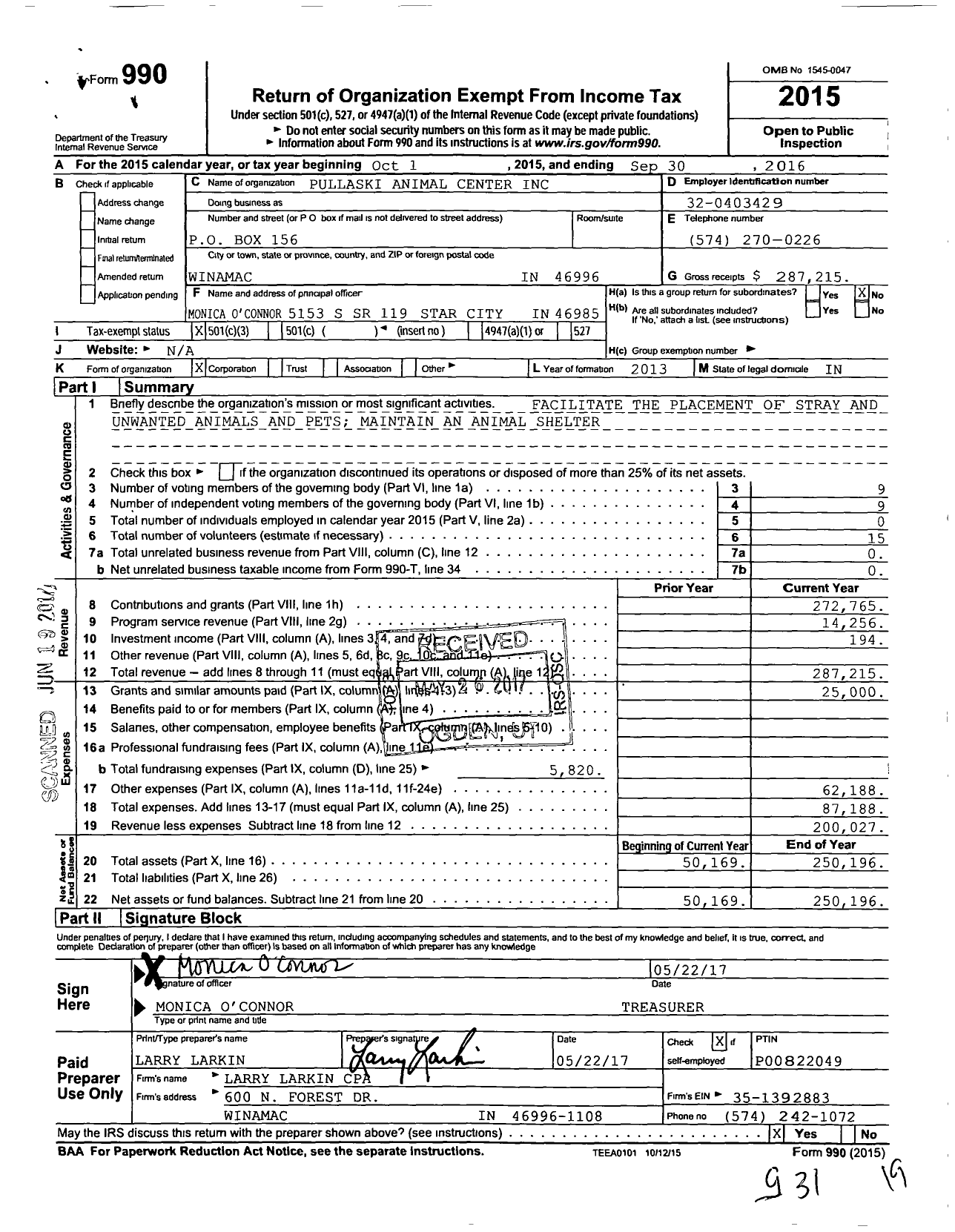 Image of first page of 2015 Form 990 for Pullaski Animal Center