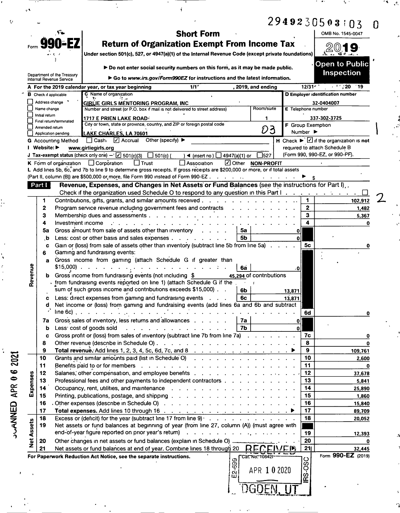 Image of first page of 2019 Form 990EZ for Girlie Girls Mentoring Program