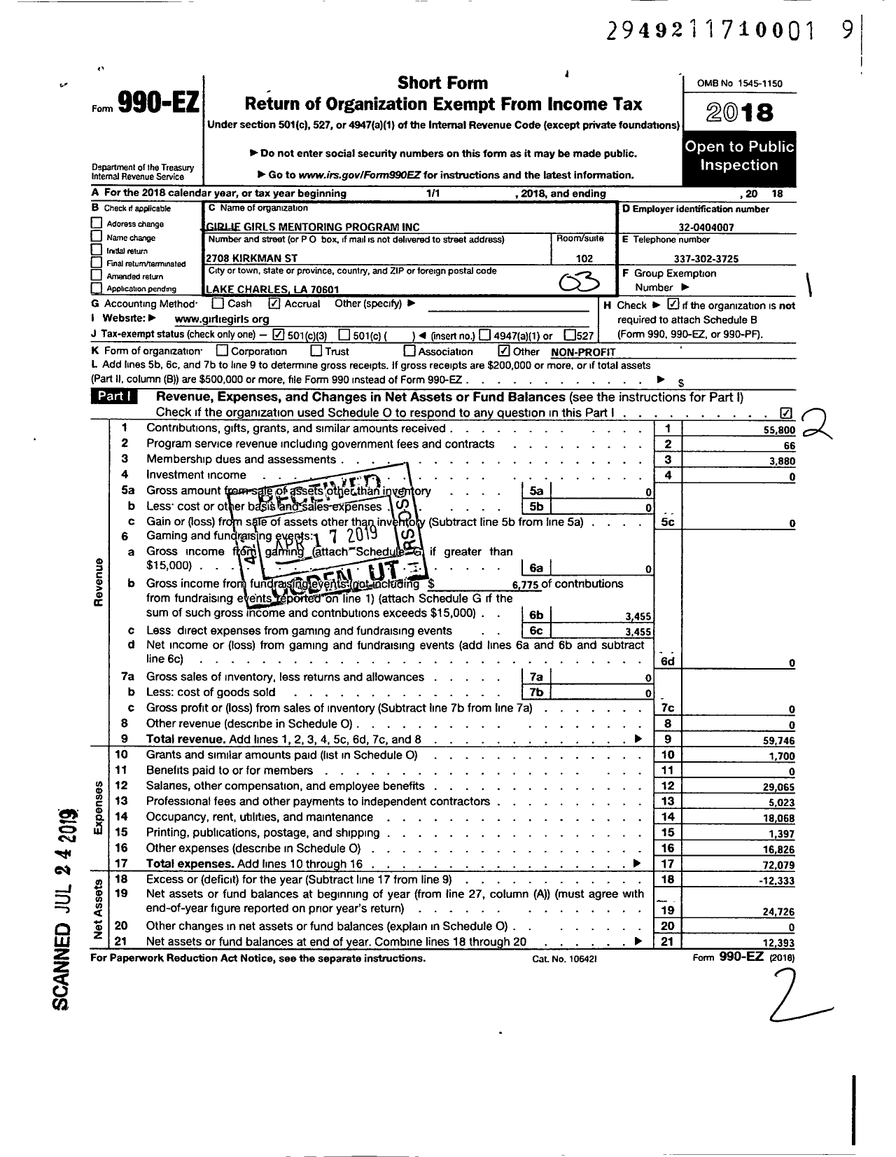 Image of first page of 2018 Form 990EZ for Girlie Girls Mentoring Program