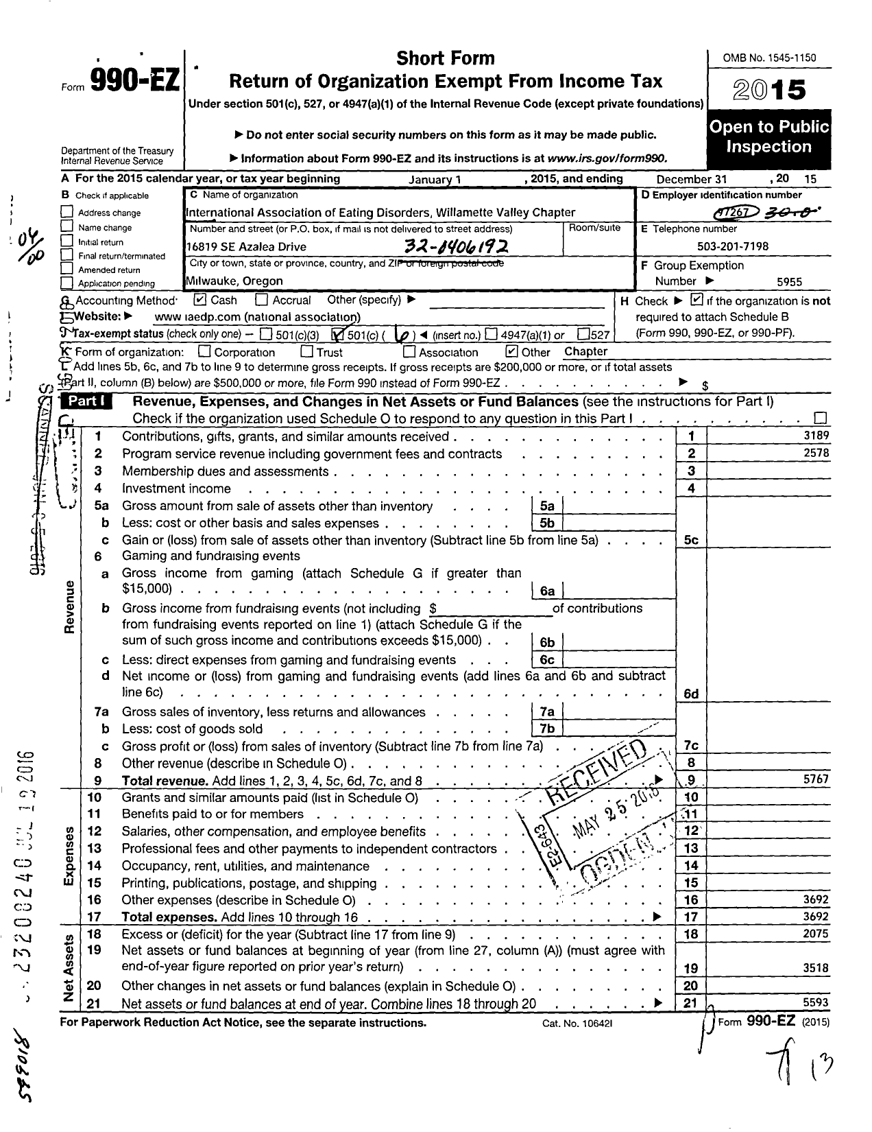 Image of first page of 2015 Form 990EO for International Association of Eating Disorders Professionals Foundation / Willamette Valley Chapter