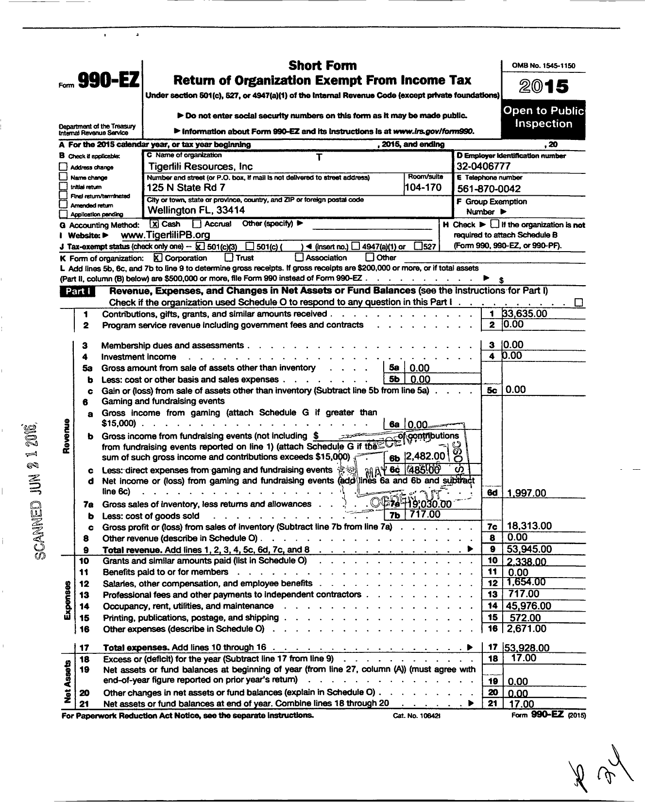 Image of first page of 2015 Form 990EZ for Tigerlili Resources